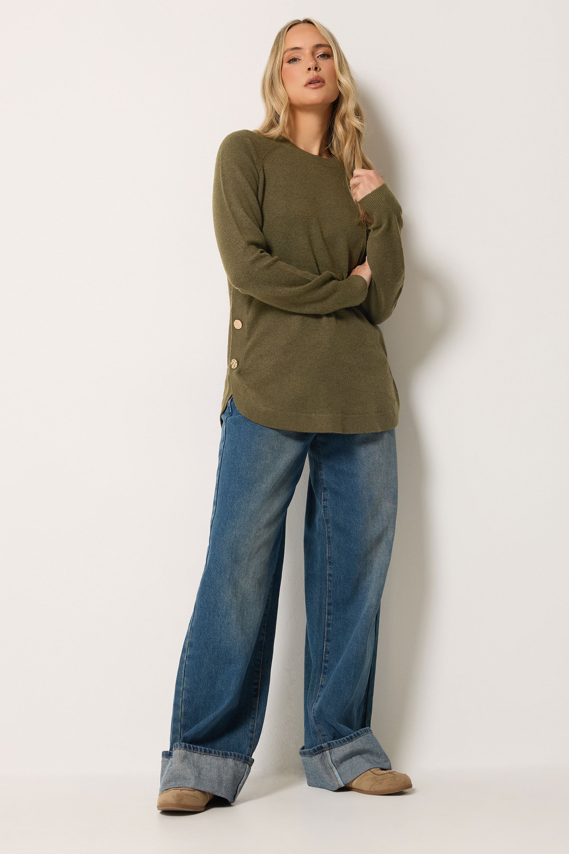 LTS Tall Women's Brown Longline Button Knitted Jumper | Long Tall Sally 1