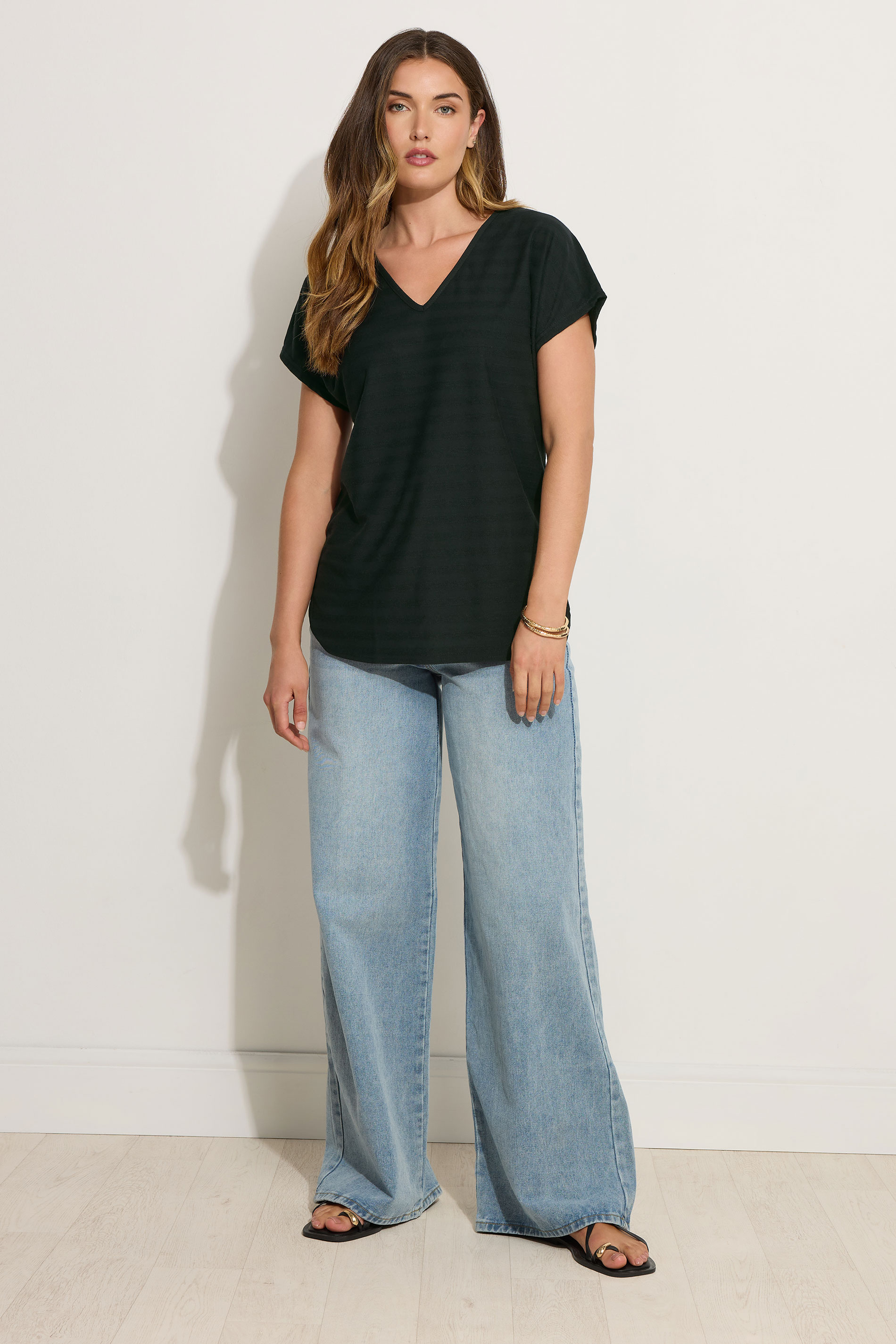 LTS Tall Black Shadow Stripe V-Neck Boxy Top | Long Tall Sally 2