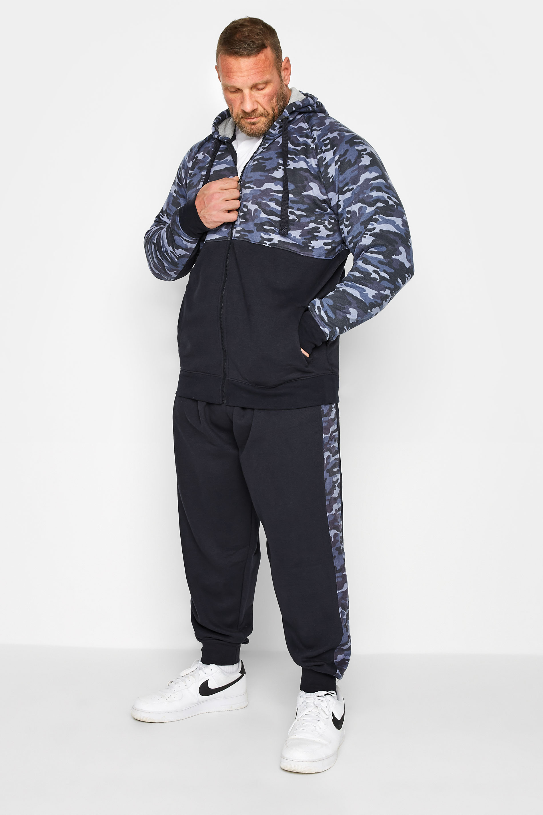 KAM Big & Tall Navy Blue Camo Colour Block Zip Through Hoodie | BadRhino 1