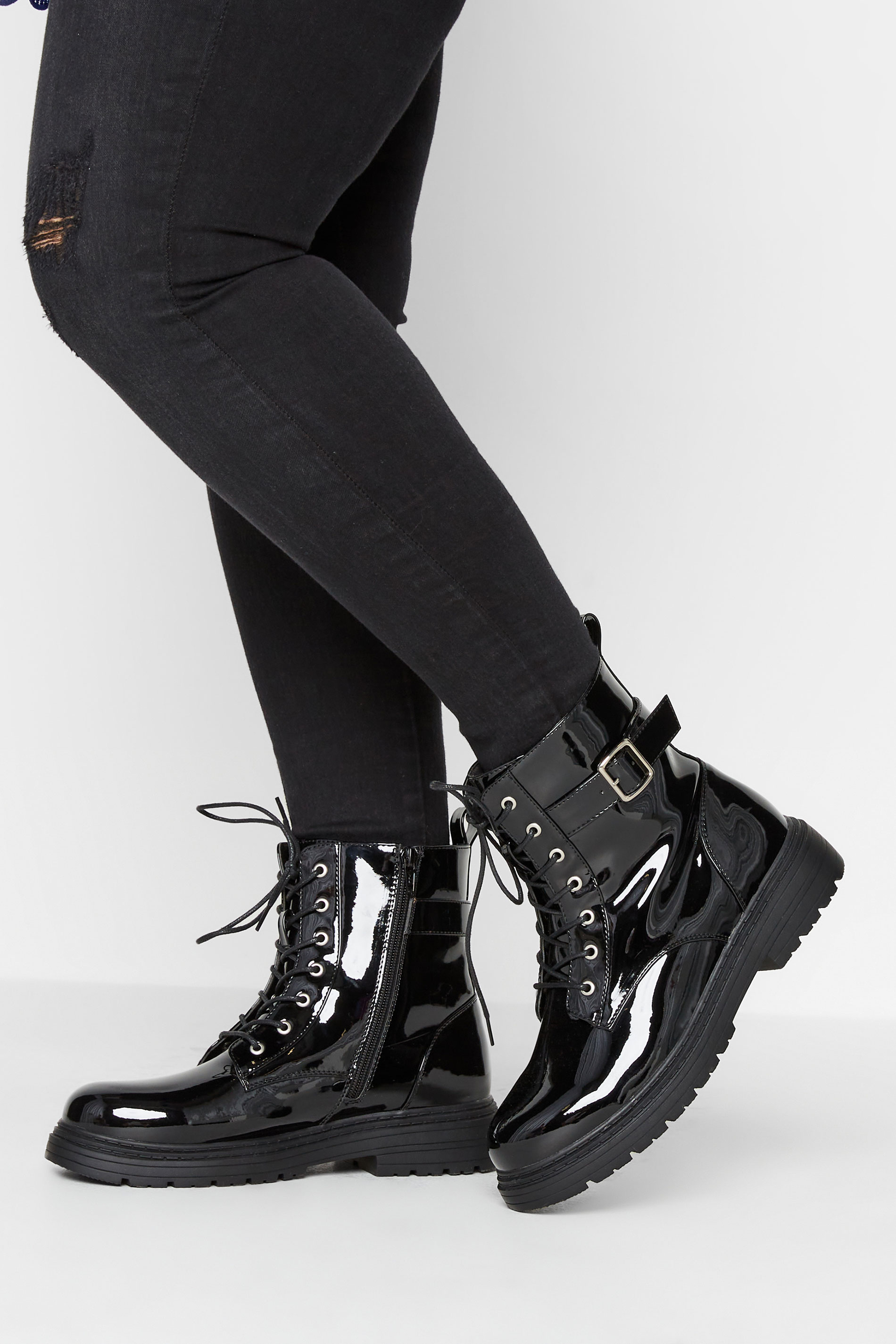 Black Patent Buckle Lace Up Ankle Boots In Wide E Fit & Extra Wide EEE Fit | Yours Clothing 1