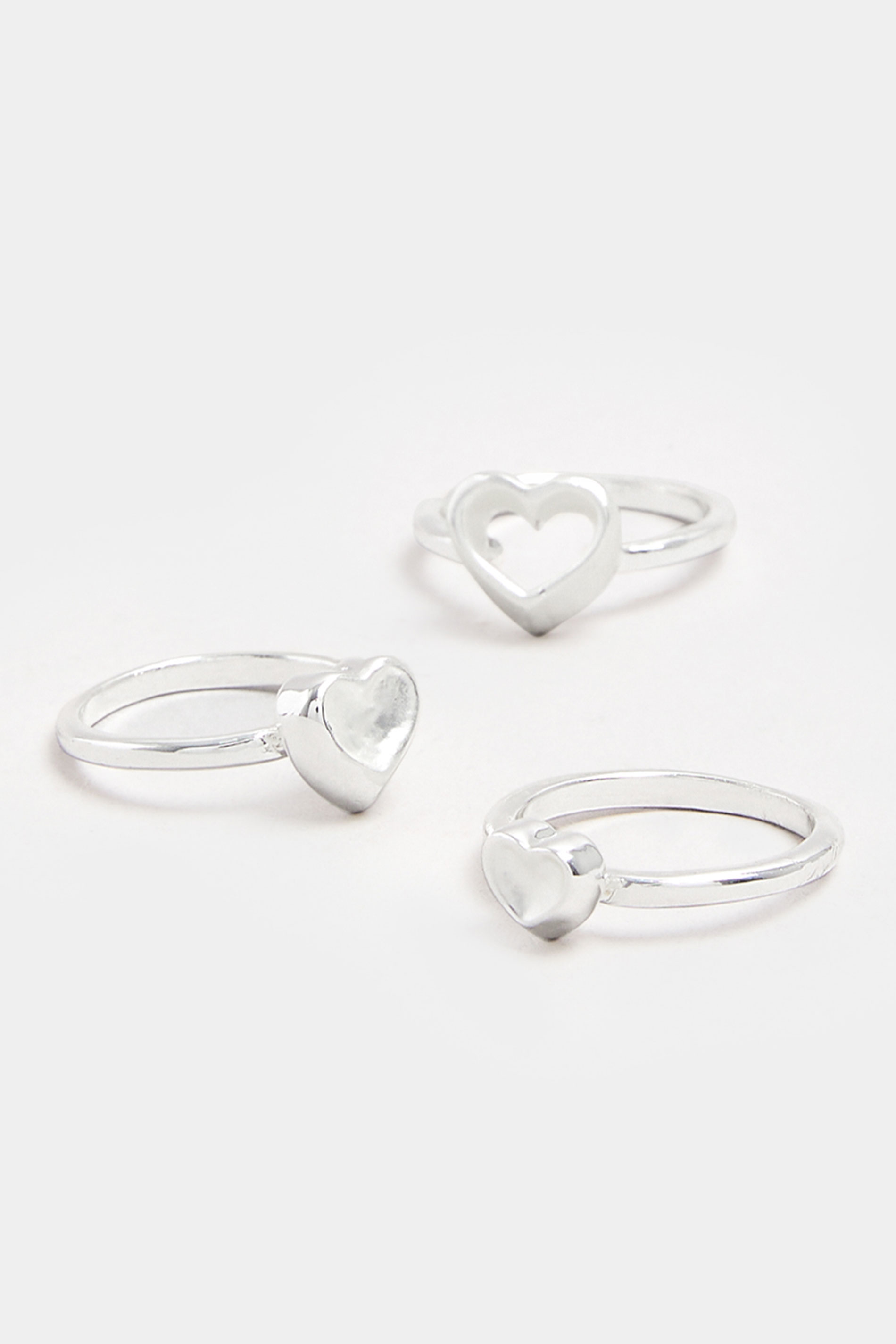 3 PACK Silver Tone Diamante Heart Rings | Yours Clothing 3