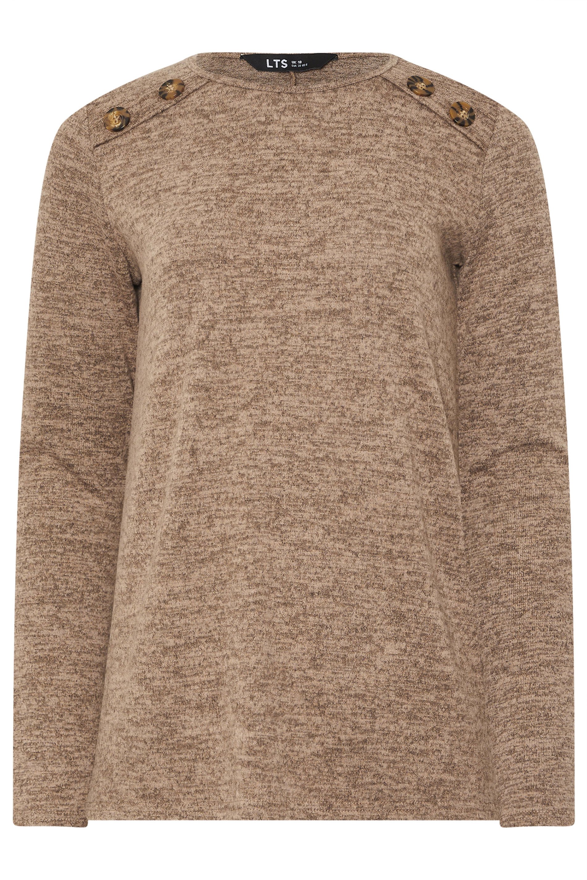 LTS Tall Beige Brown Marl Button Long Sleeve Top | Long Tall Sally 1