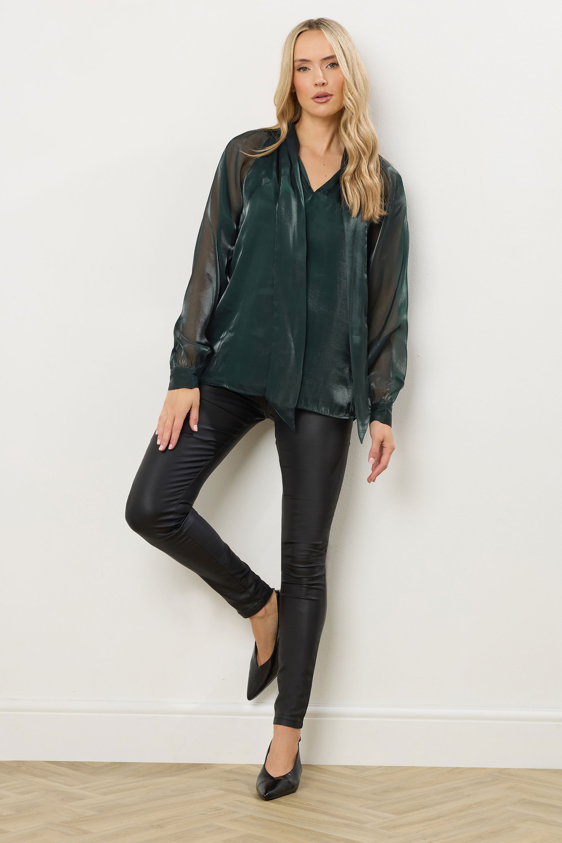 LTS Tall Dark Green Organza Tie Neck Blouse | Long Tall Sally 3