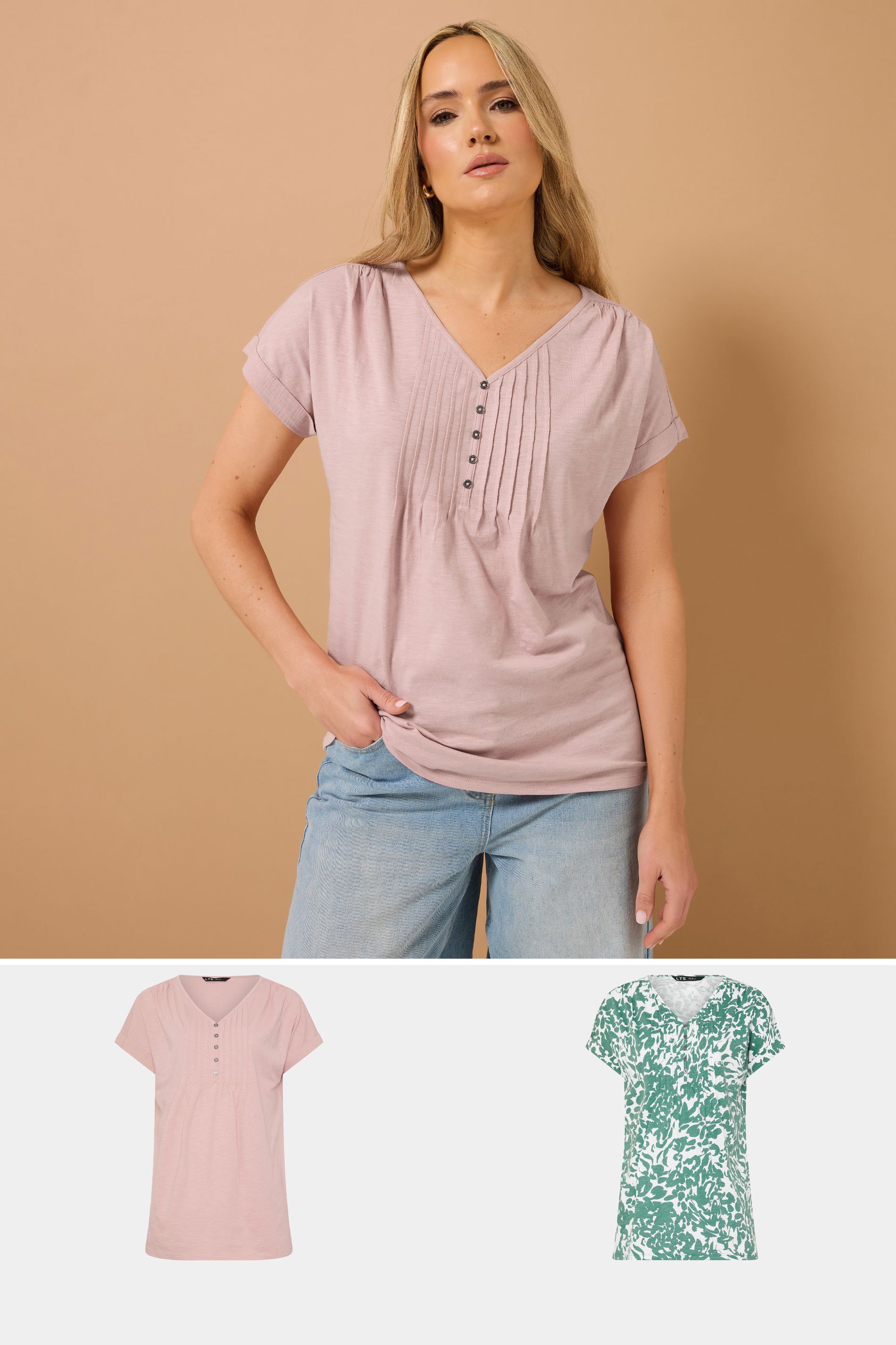 LTS Tall 2 PACK Pink & Green Floral Cotton Henley Tops | Long Tall Sally 1