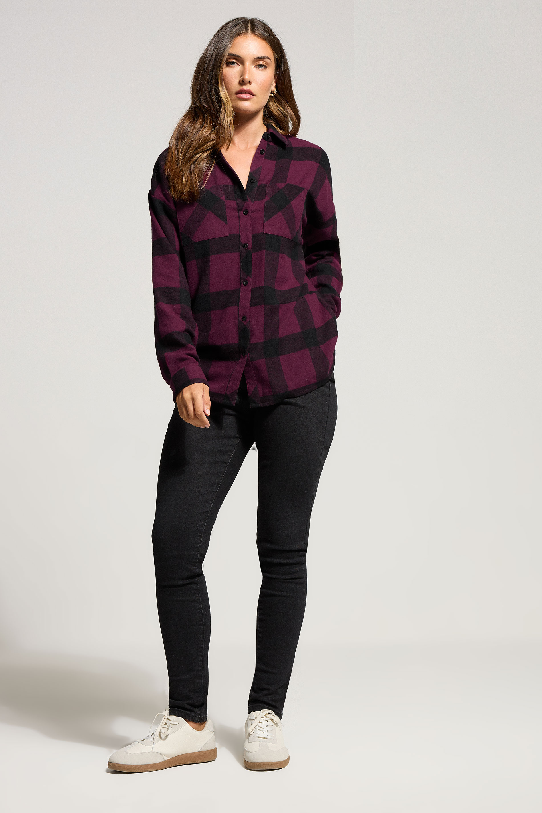 LTS Tall Burgundy Red Cotton Check Oversized Shirt | Long Tall Sally 2