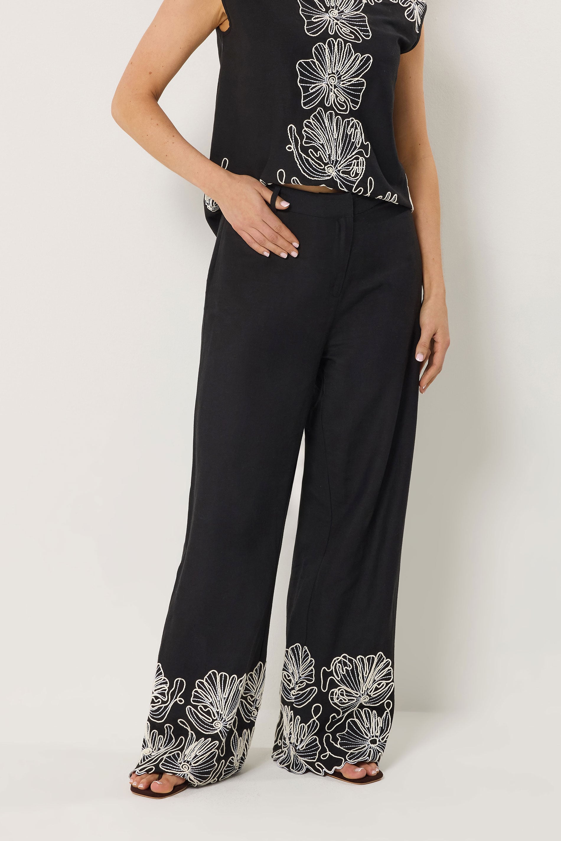 LTS Tall Women's Set Black Floral Embroidered Linen Top & Trousers Set | Long Tall Sally  5
