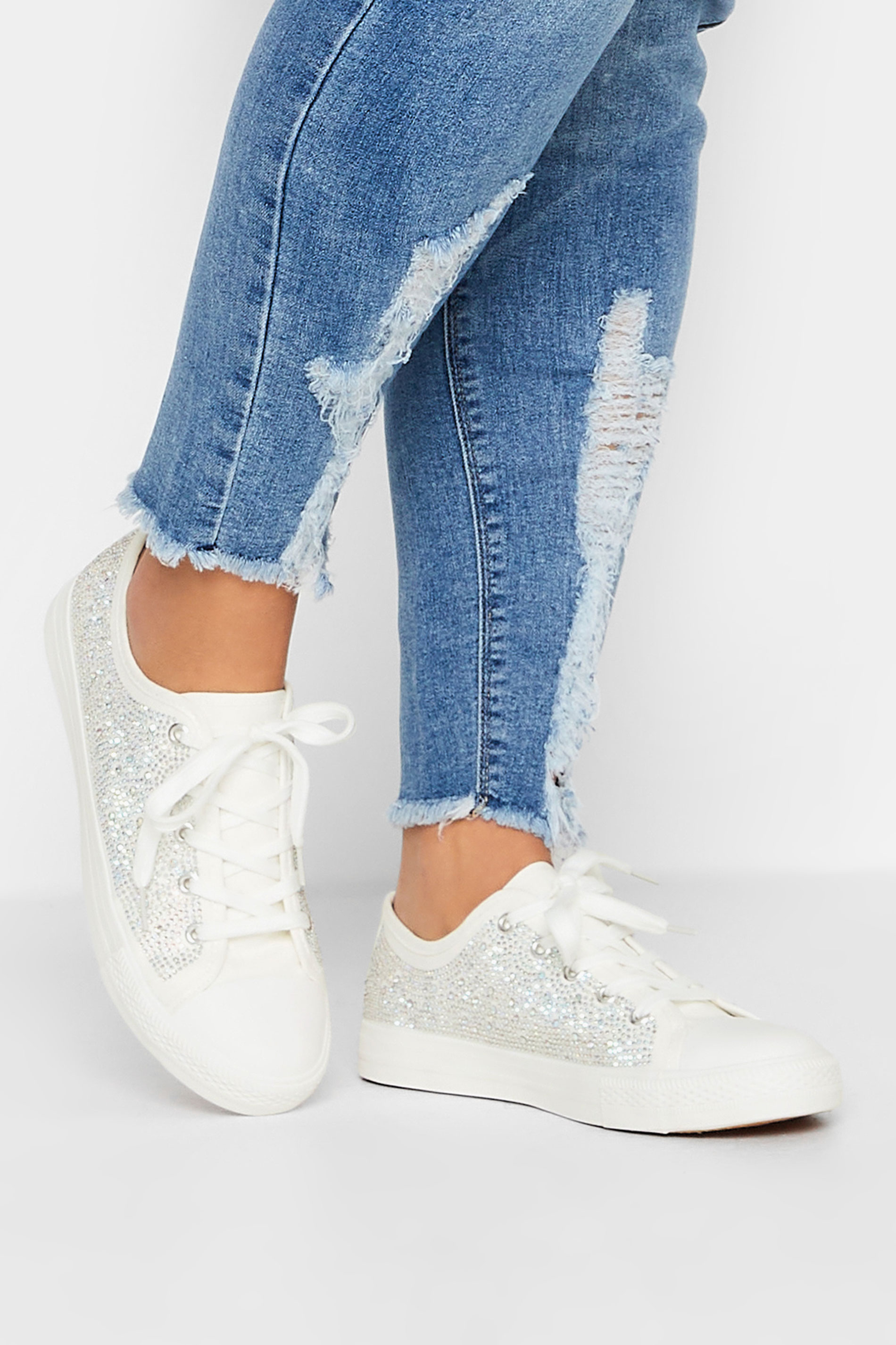 White Diamante Low Trainer In Wide E Fit | Yours Clothing 1