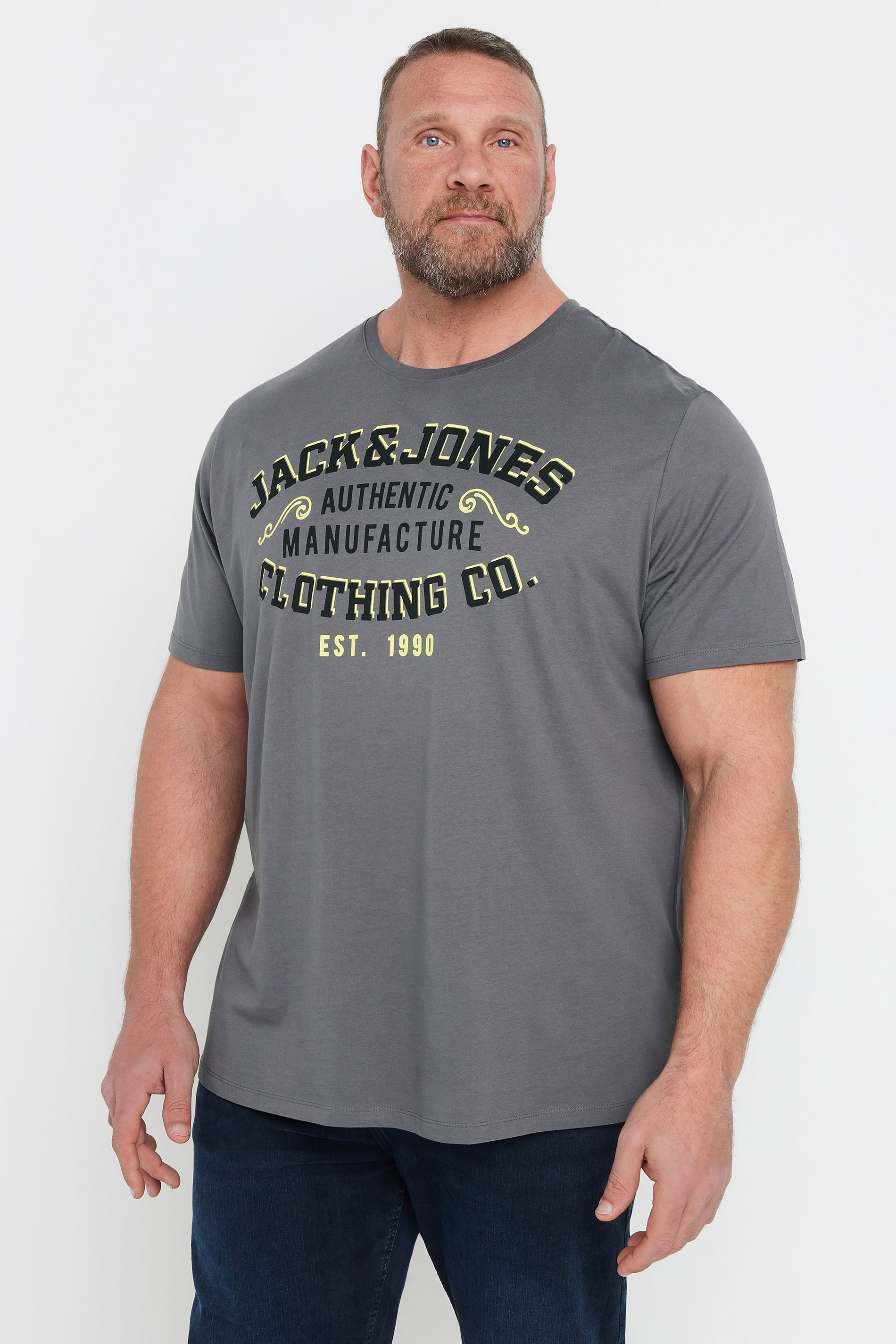 JACK & JONES Big & Tall Grey 'Clothing Co' Printed T-Shirt | BadRhino 1