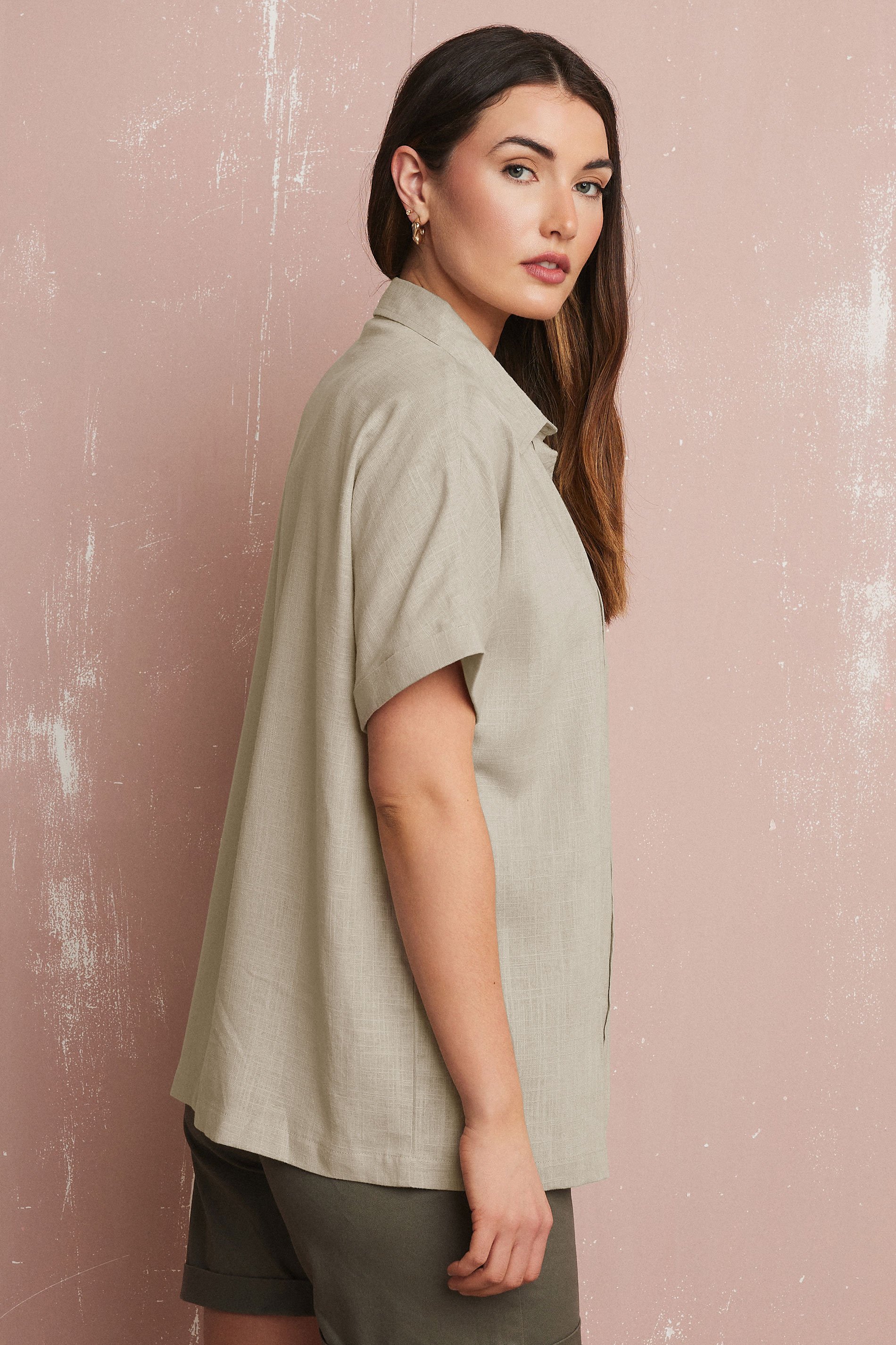 LTS Tall Stone Brown Linen Oversized Short Sleeve Shirt | Long Tall Sally 4