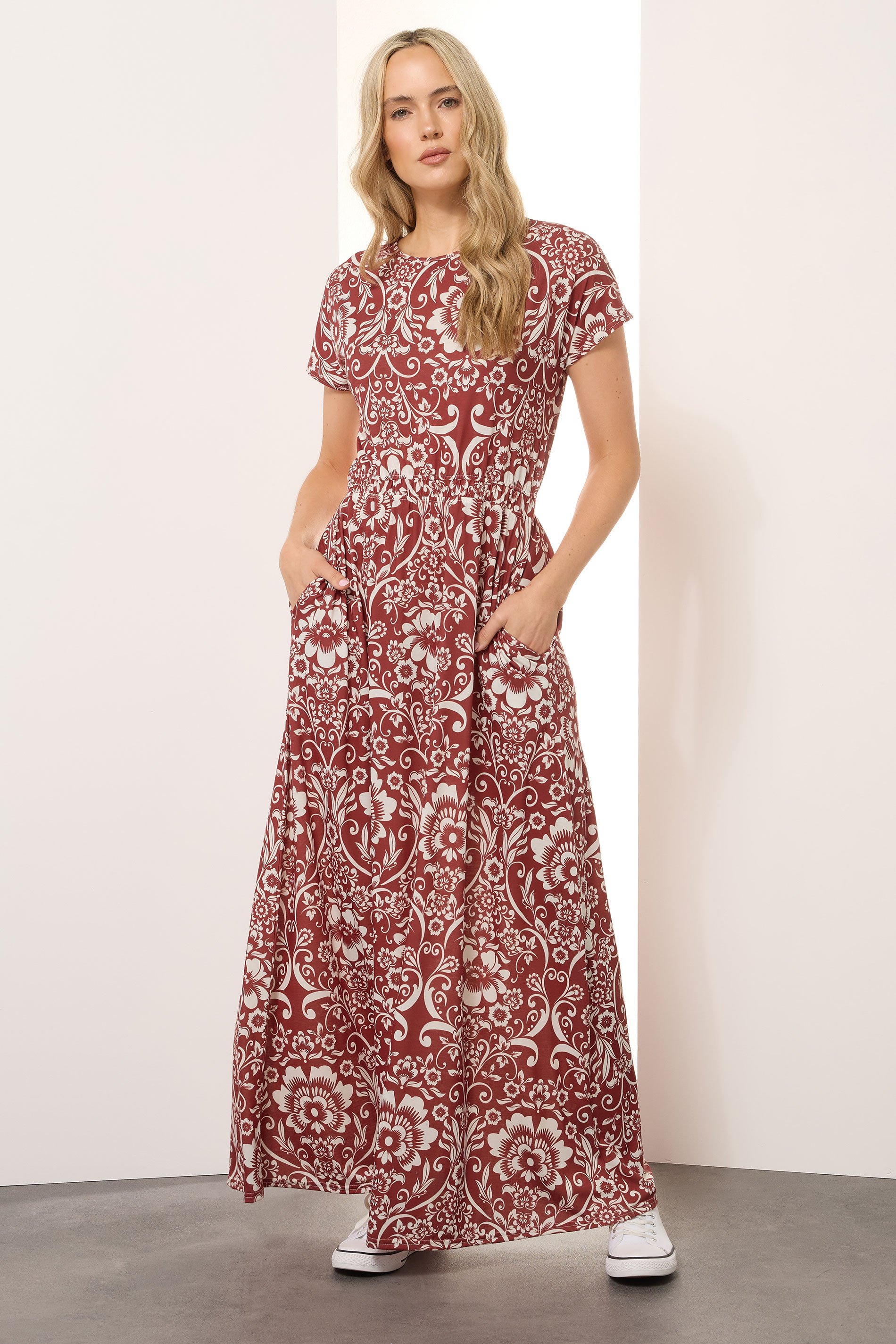 LTS Tall Red Floral Paisley Shirred Waist Maxi Dress | Long Tall Sally 1