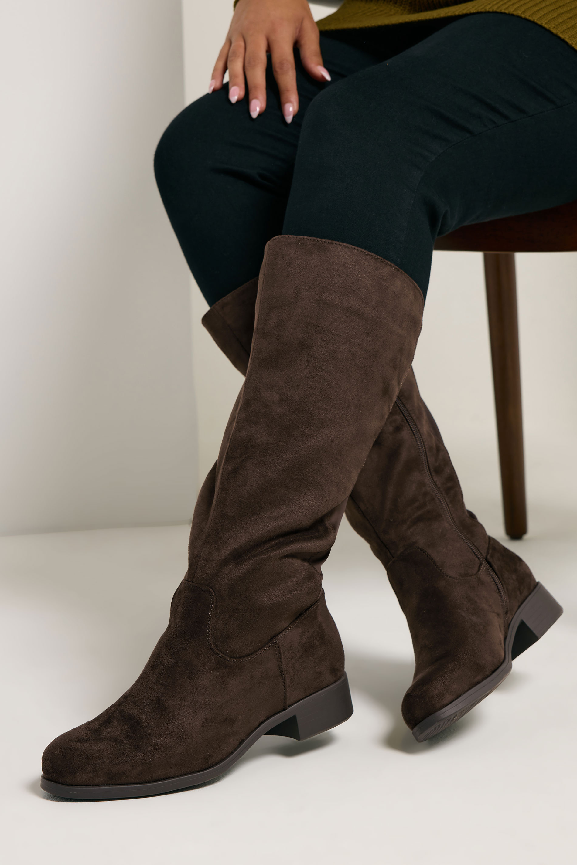 Brown Faux Suede Stretch Knee High Boots In Wide E Fit & Extra Wide EEE Fit | Yours Clothing 1