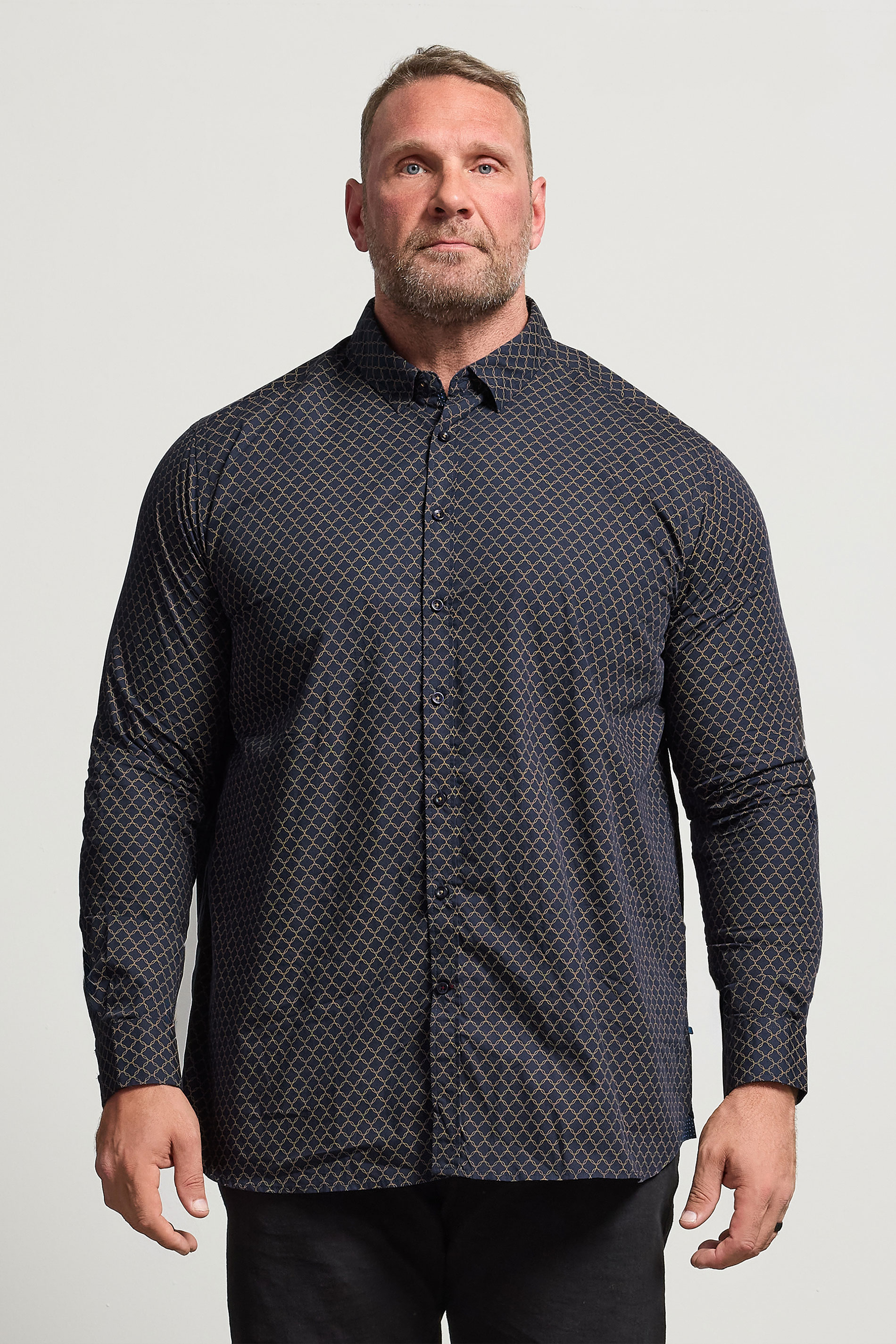 D555 Big & Tall Navy Blue & Gold Geometric Print Shirt | BadRhino 1