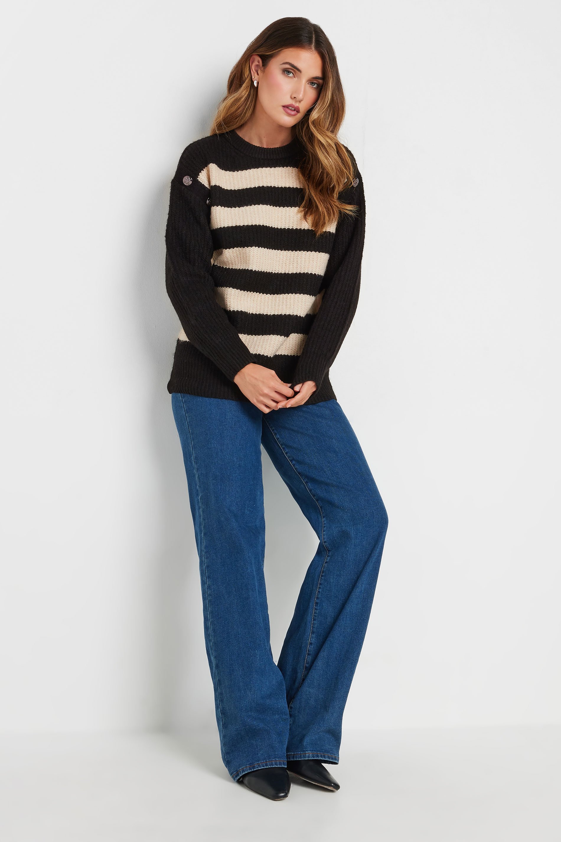 LTS Tall Black Knitted Striped Button Jumper | Long Tall Sally 3