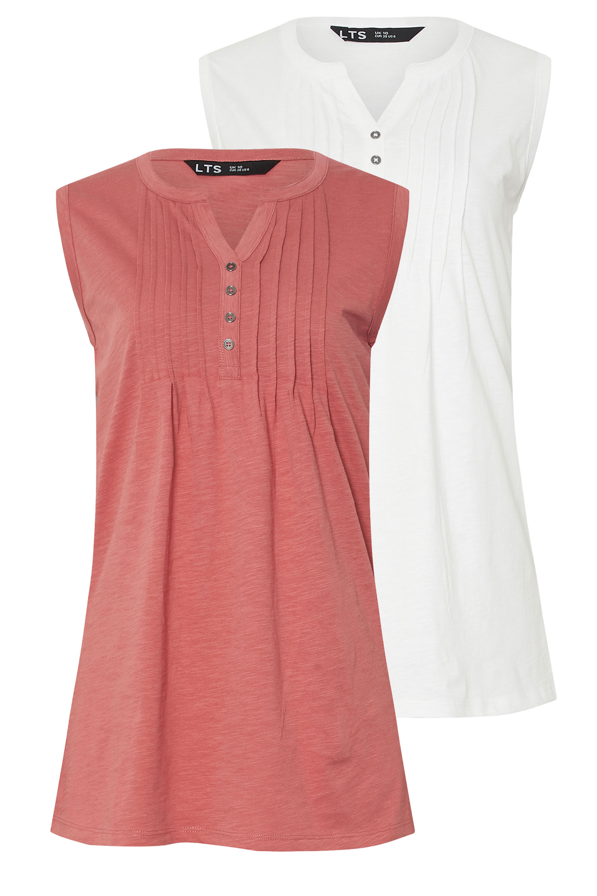 LTS Tall 2 PACK Coral Pink & White Henley Vest Tops | Long Tall Sally 7