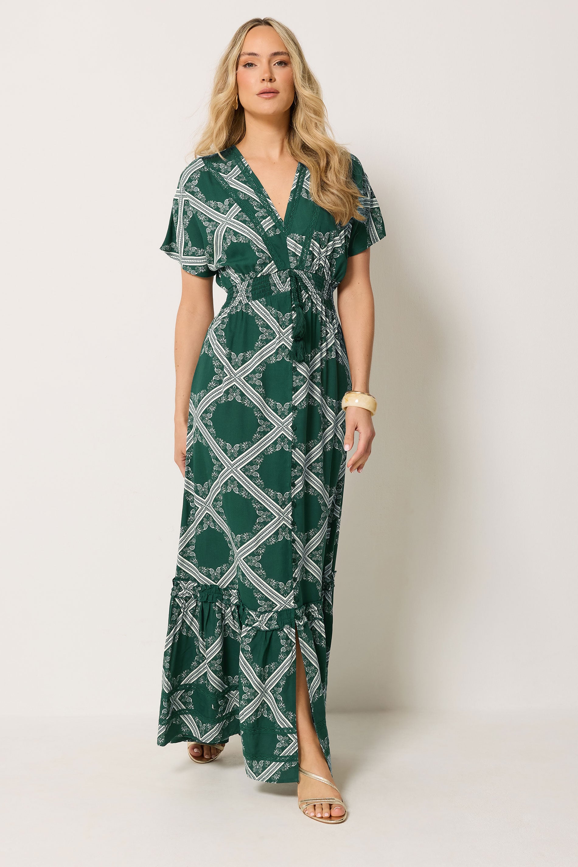 LTS Tall Women's Green Scarf Print Button Maxi Dress | Long Tall Sally 3