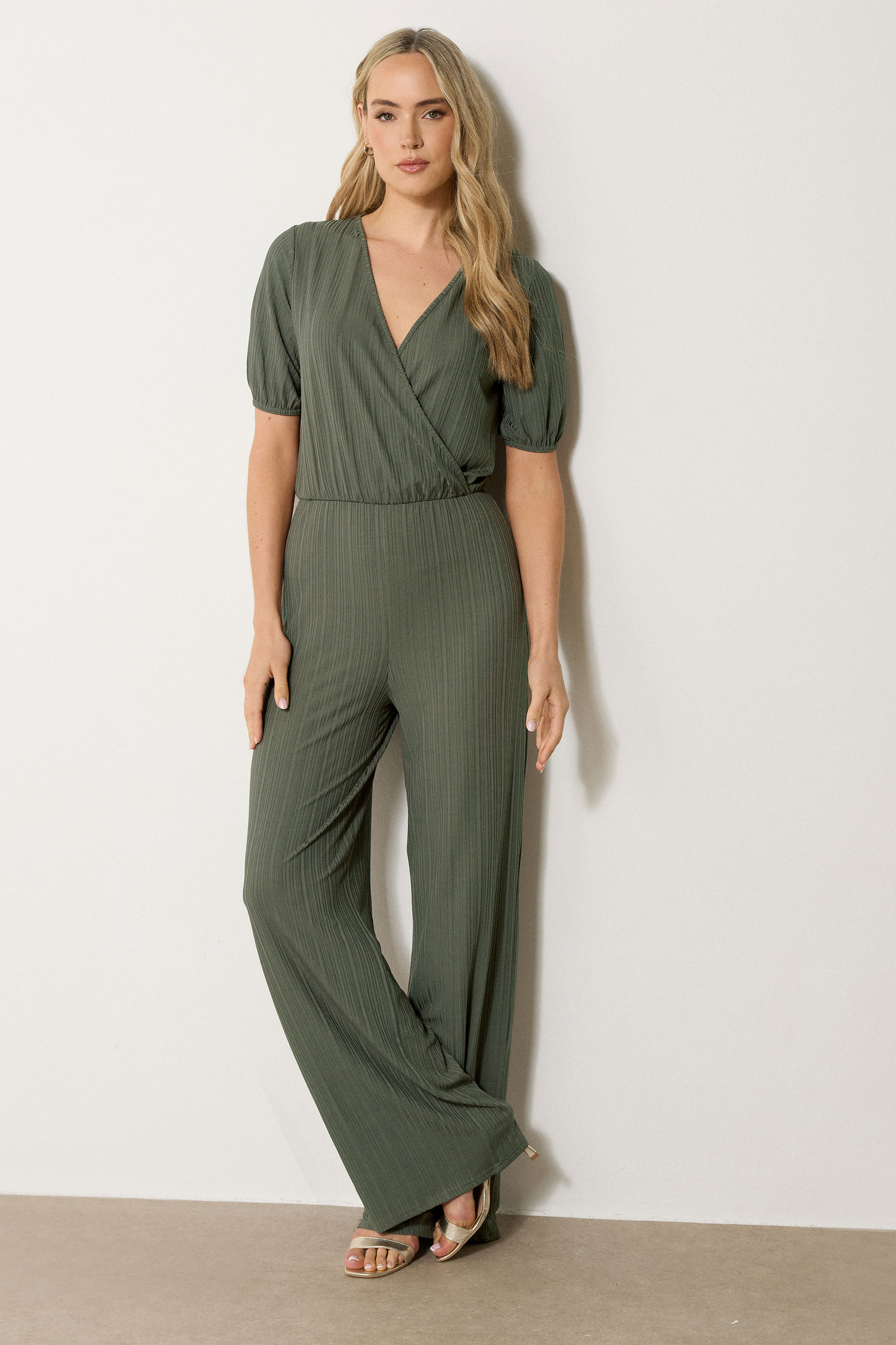 LTS Tall Khaki Green Ribbed Wrap Jumpsuit | Long Tall Sally 2
