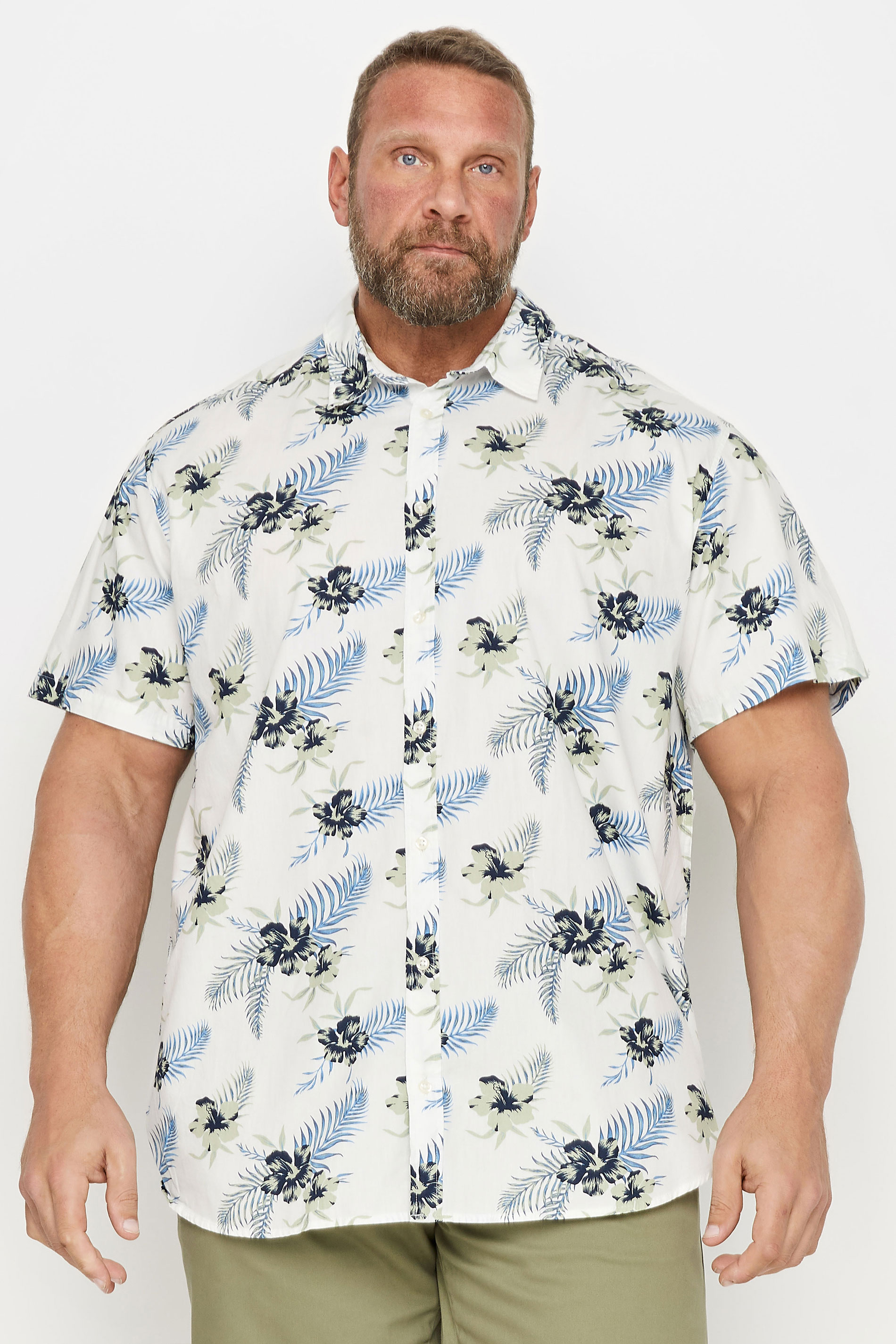JACK & JONES Big & Tall White Tropical Print Short Sleeve Cotton Shirt | BadRhino 1
