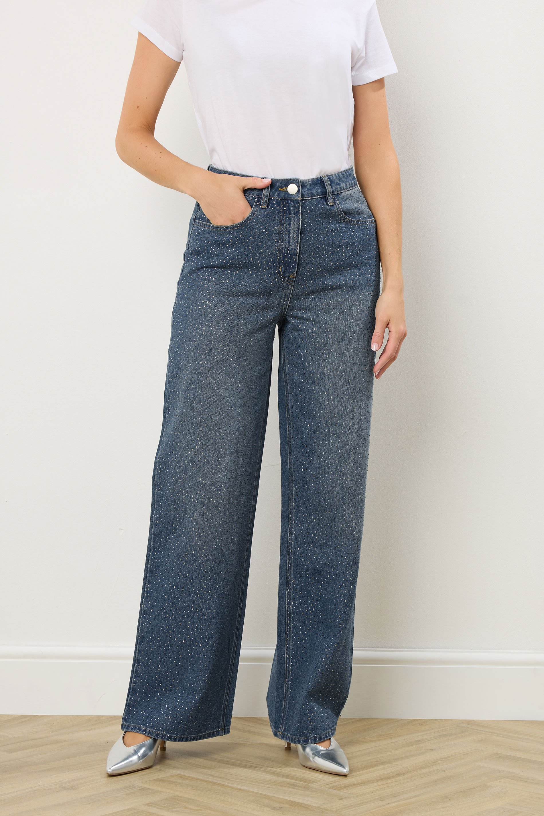 LTS Tall Blue Diamante Embellished Wide Leg Jeans | Long Tall Sally  3