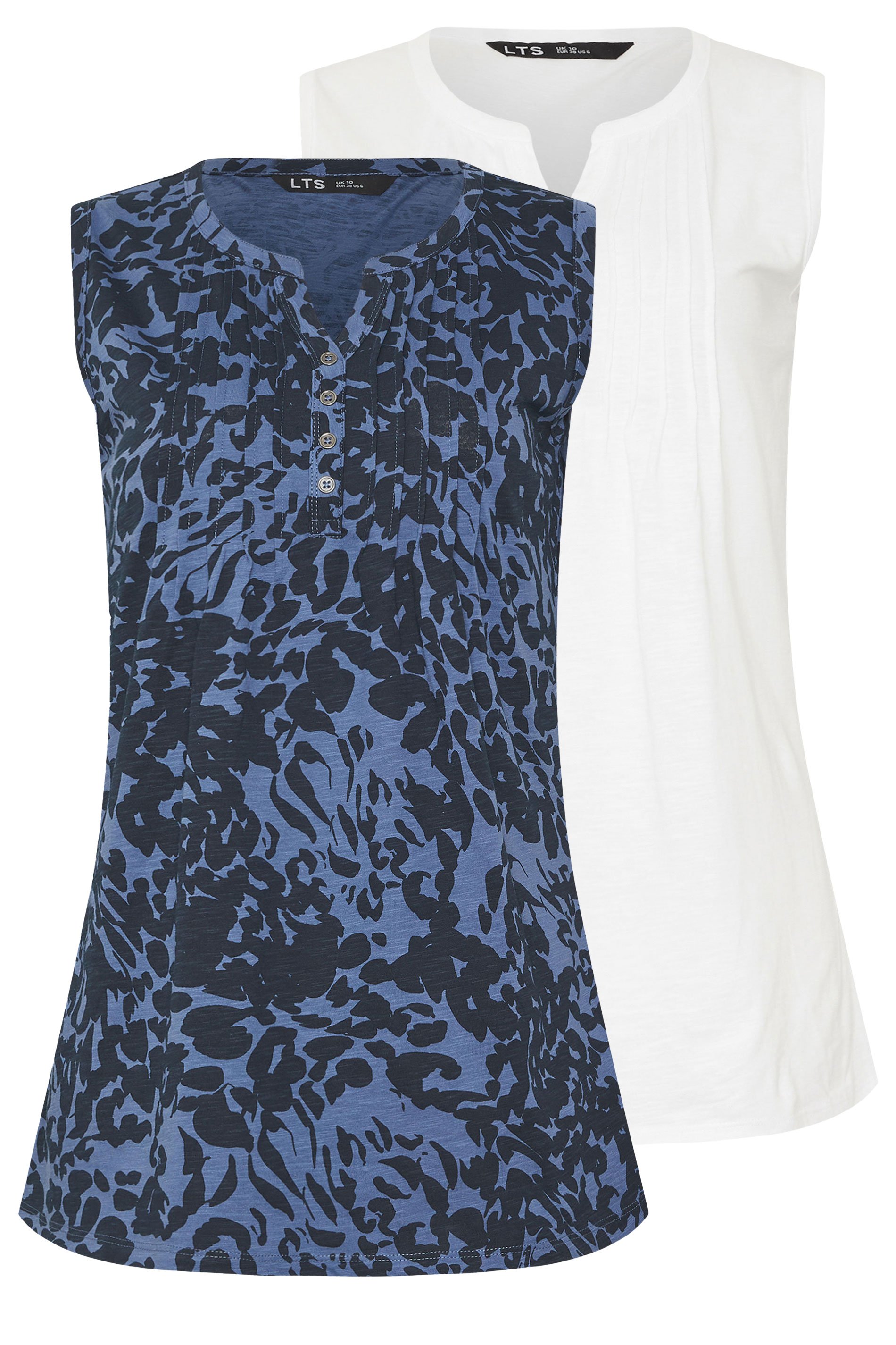 LTS Tall 2 PACK White & Navy Blue Abstract Leaf Henley Vest Tops | Long Tall Sally 8