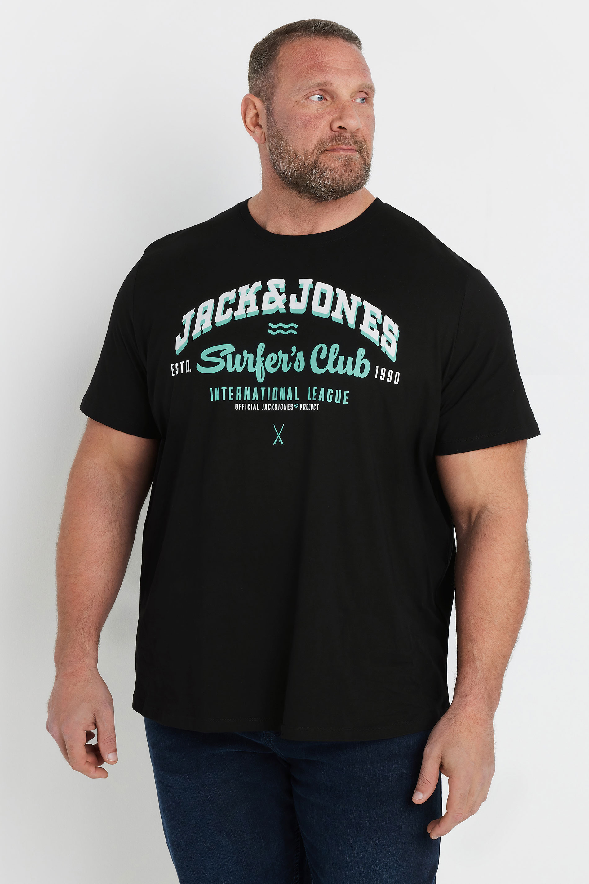 JACK & JONES Big & Tall Black 'Surfer's Club' Printed T-Shirt | BadRhino 2
