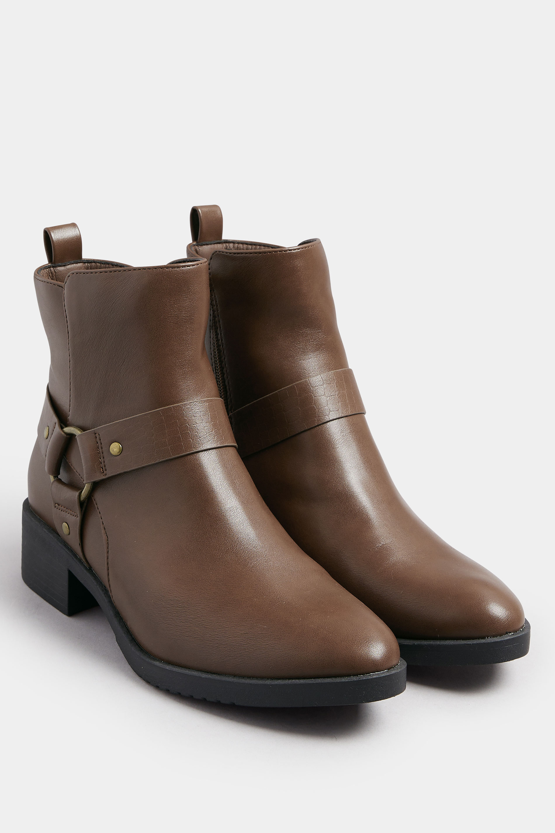 Brown Faux Leather Buckle Ankle Boots In Standard Fit | Yours Clothing 2