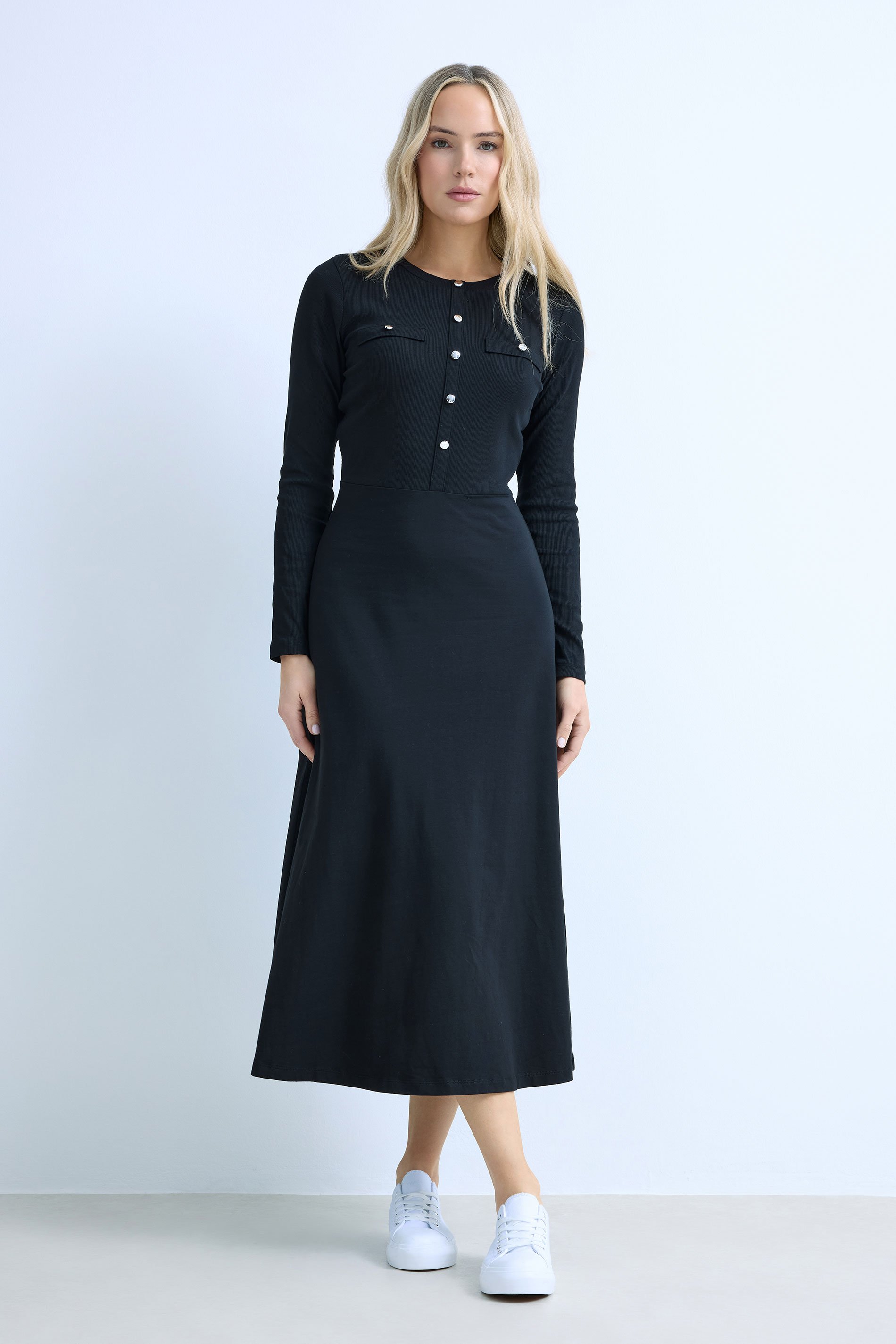 LTS Tall Black Button Detail A-Line Midaxi Dress | Long Tall Sally  1
