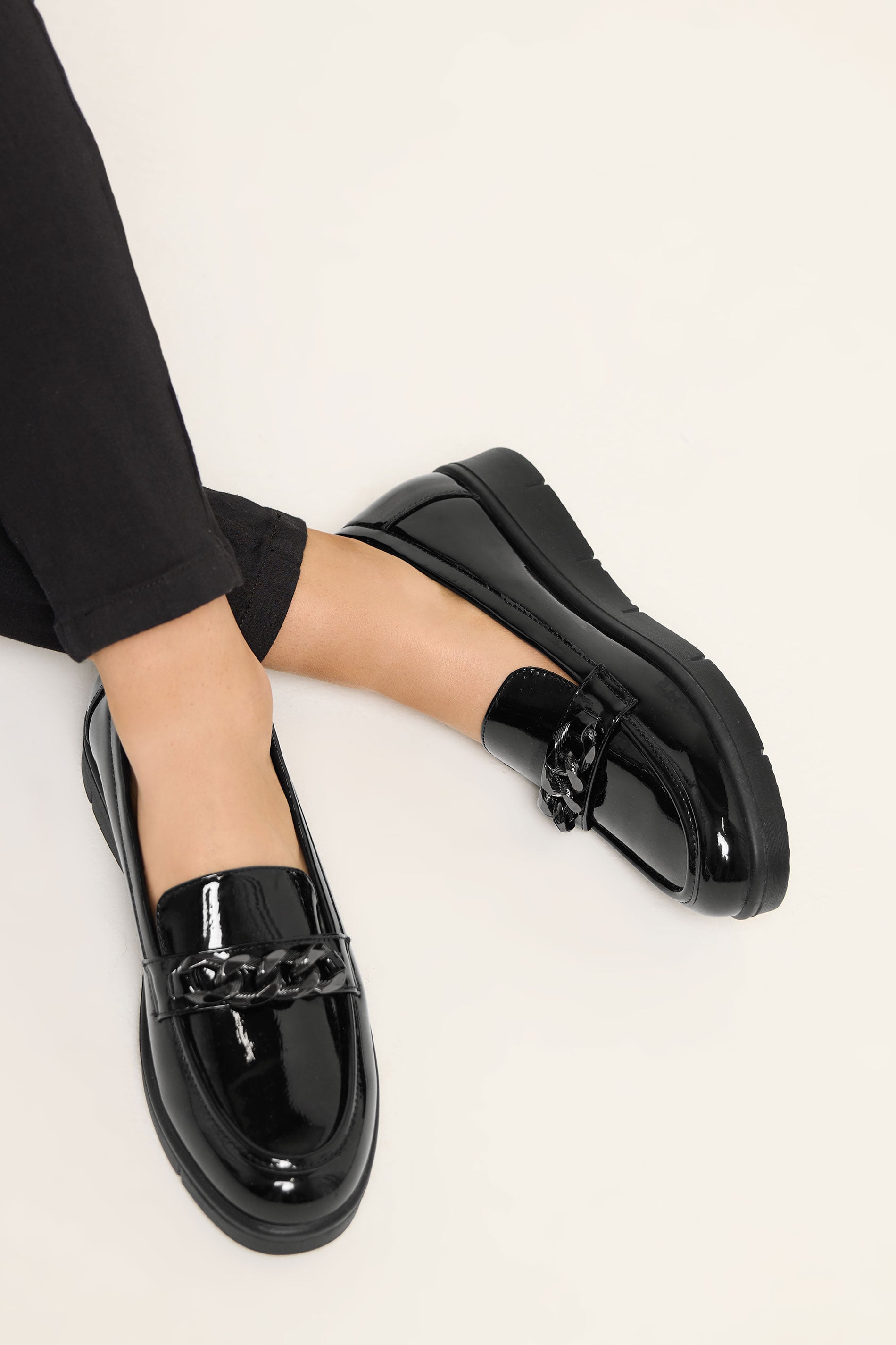 Black Chain Detail Flatform Loafers In Wide E Fit | Yours Clothing 1
