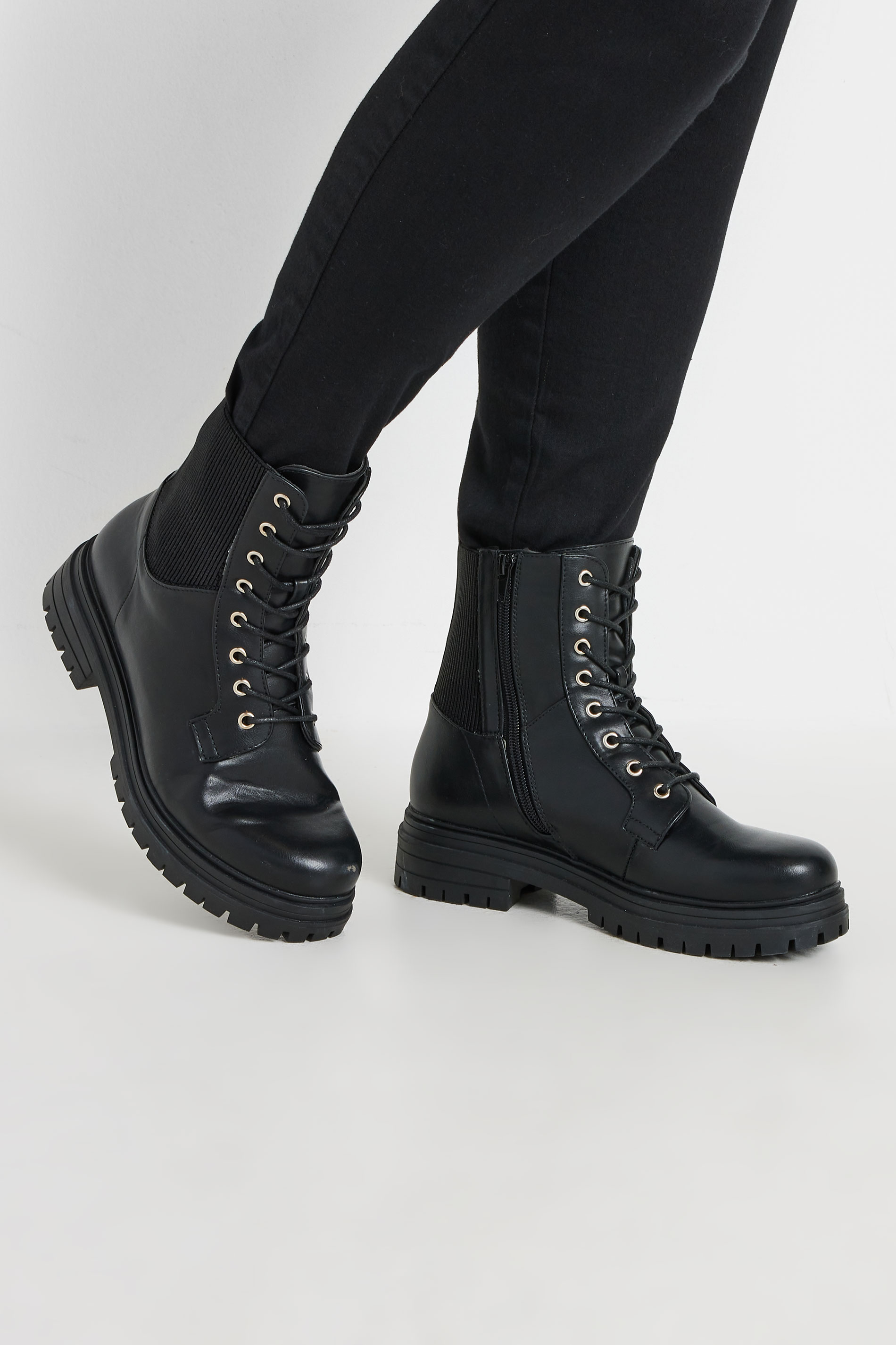 Black Stretch Panel Lace Up Chunky Boots In Wide E Fit & Extra Wide EEE Fit | Yours Clothing 1
