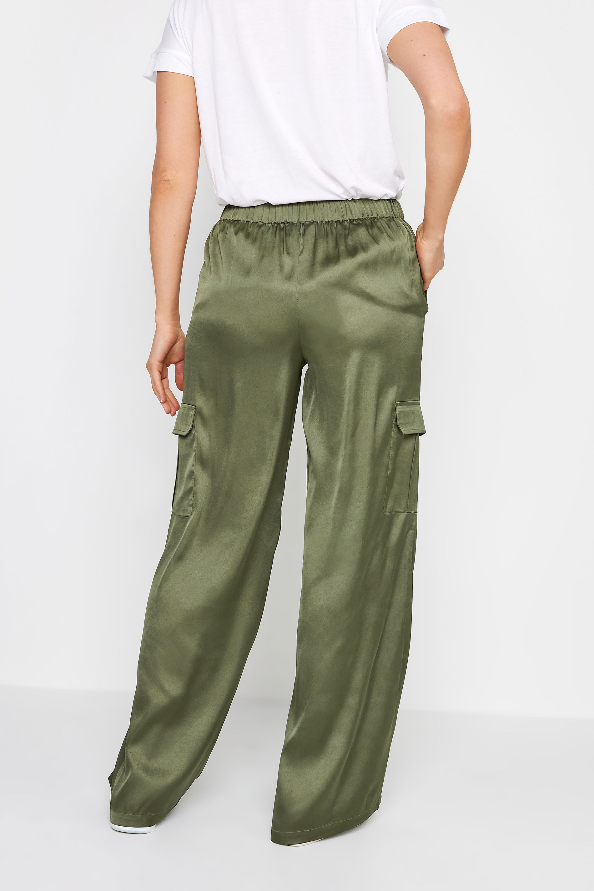LTS Tall Womens Khaki Green Satin Wide Leg Trousers | Long Tall Sally  6