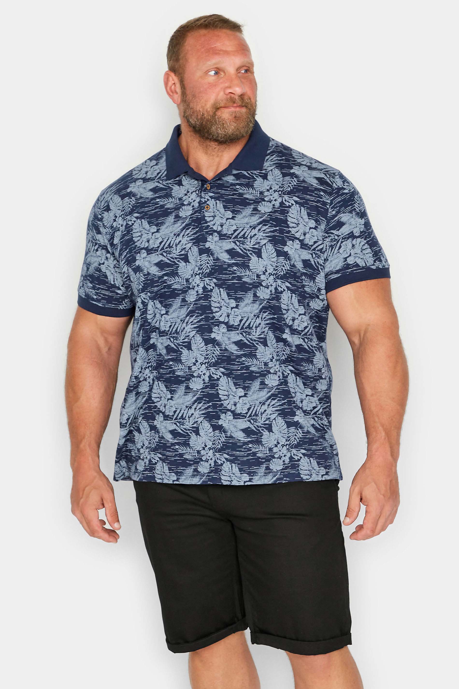 BadRhino Big & Tall Blue Leaf Print Polo Shirt | BadRhino 1