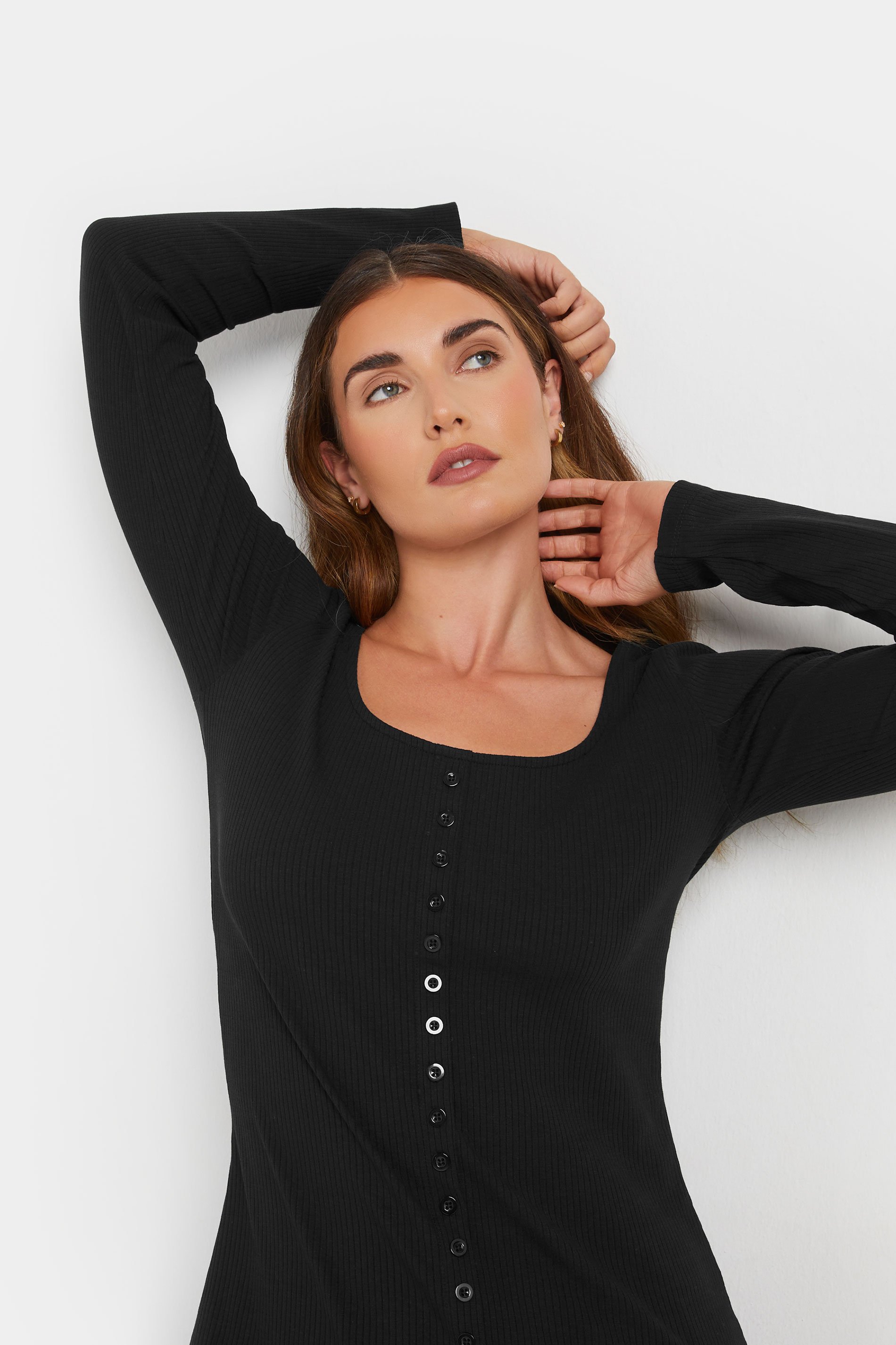 LTS Tall Black Ribbed Button Long Sleeve Top | Long Tall Sally 4