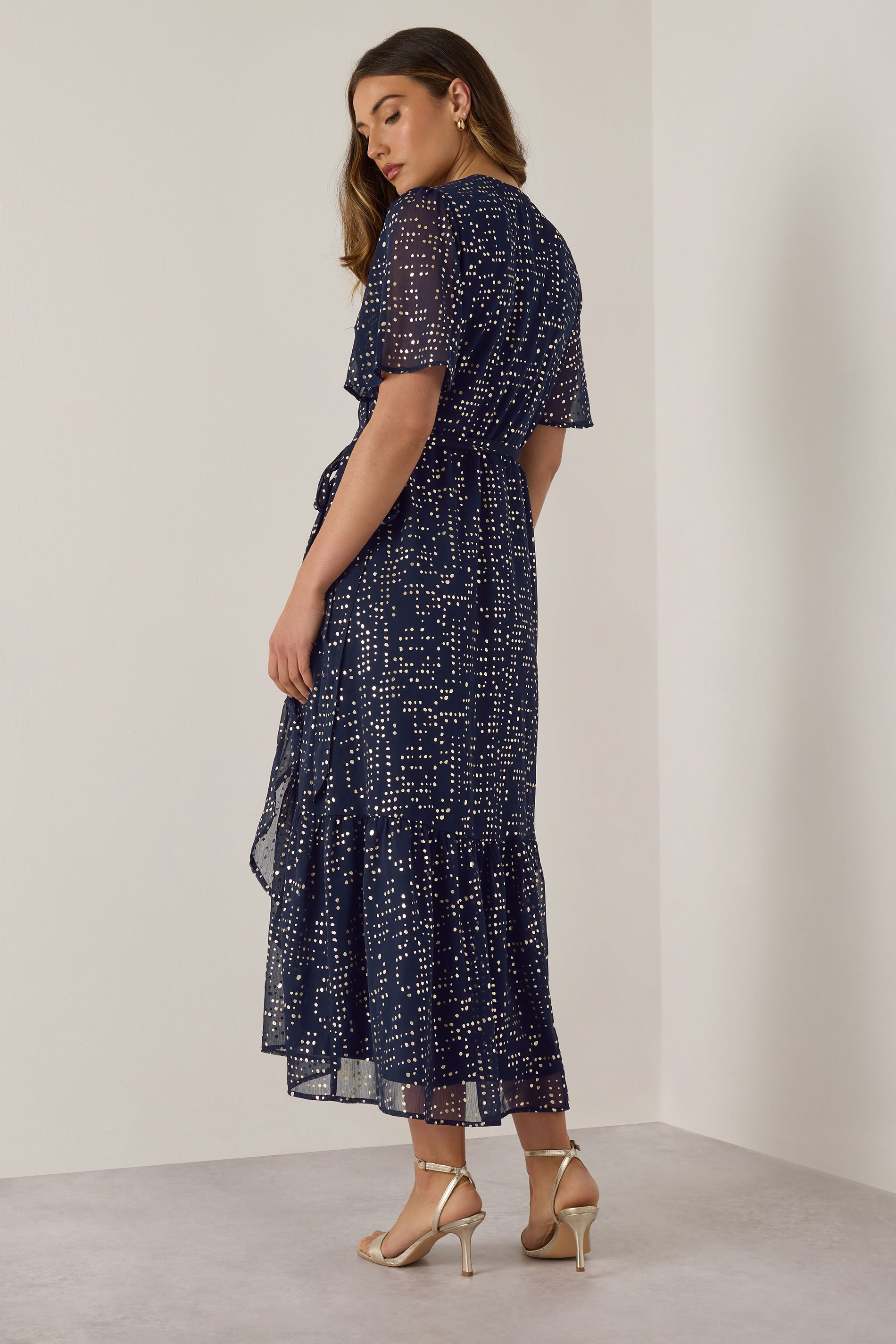 LTS Tall Navy Blue Chiffon Foil Dot Wrap Dress | Long Tall Sally 3