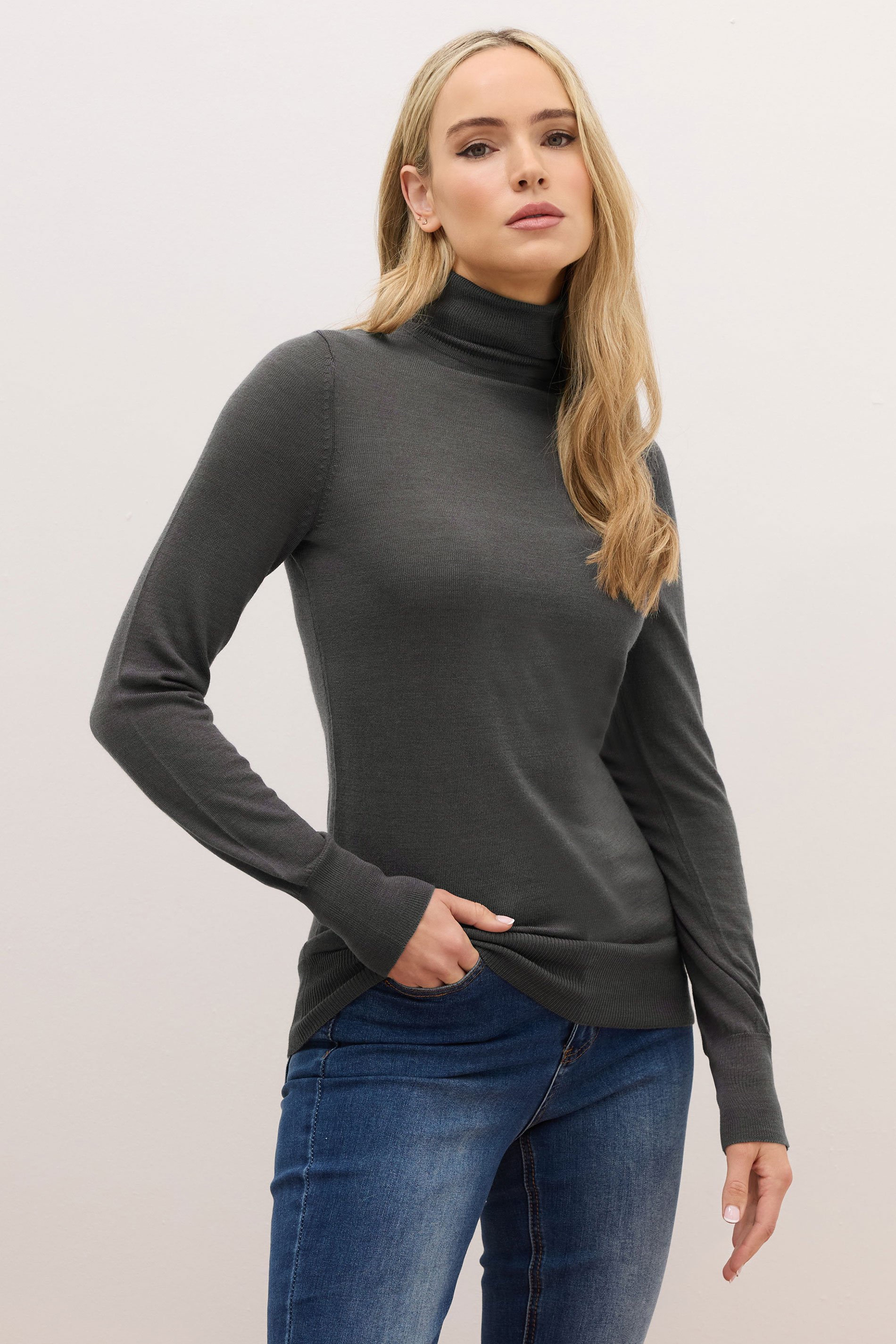 LTS PREMIUM Tall Dark Grey Merino Wool Roll Neck Jumper | Long Tall Sally 1