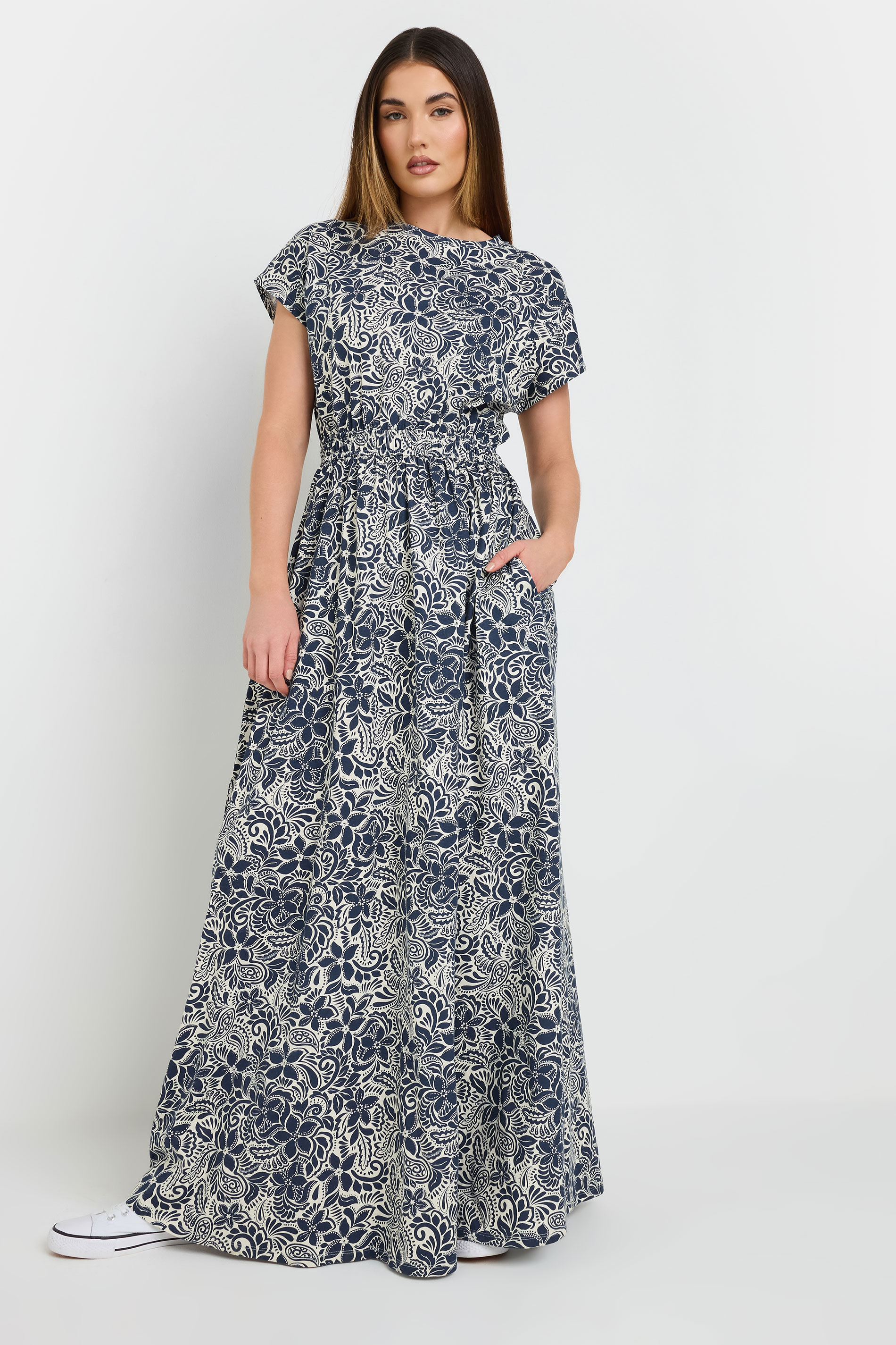 LTS Tall Navy Blue Floral Jersey Shirred Waist Maxi Dress | Long Tall Sally 1