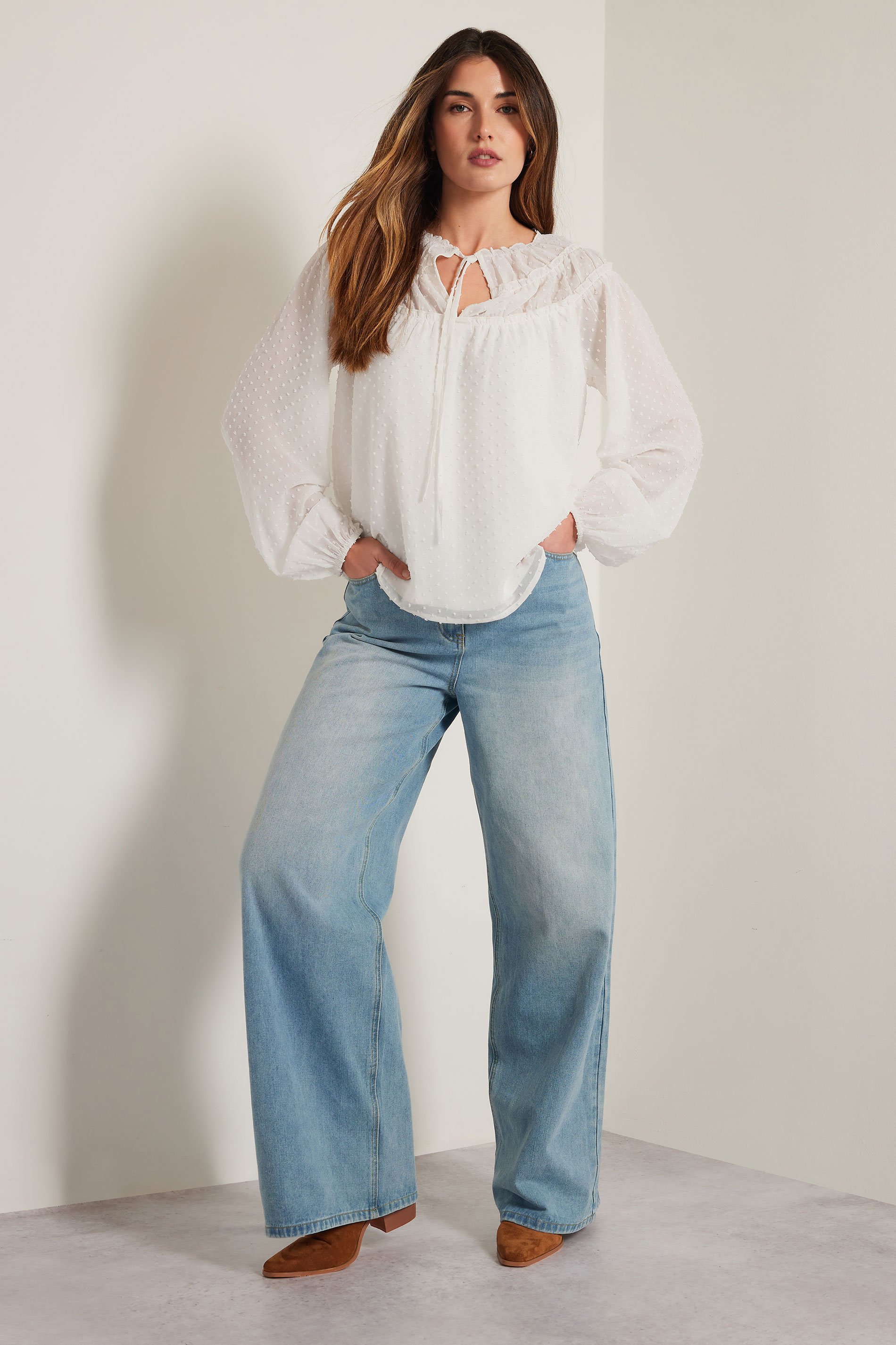 LTS Tall Ivory White Sheer Dobby Tie Neck Blouse | Long Tall Sally 4