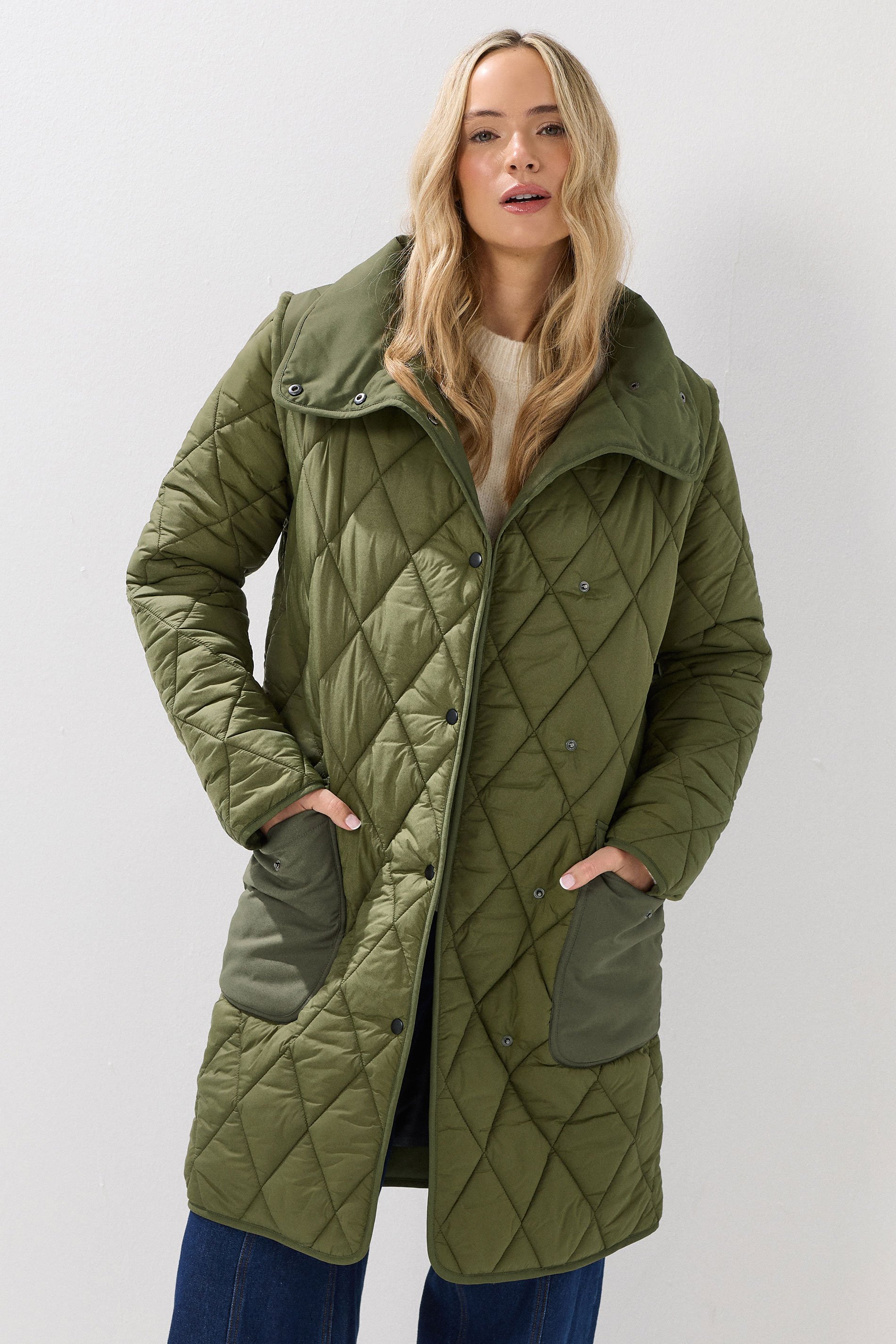 LTS Tall Khaki Green Funnel Neck Quilted Coat | Long Tall Sally 2
