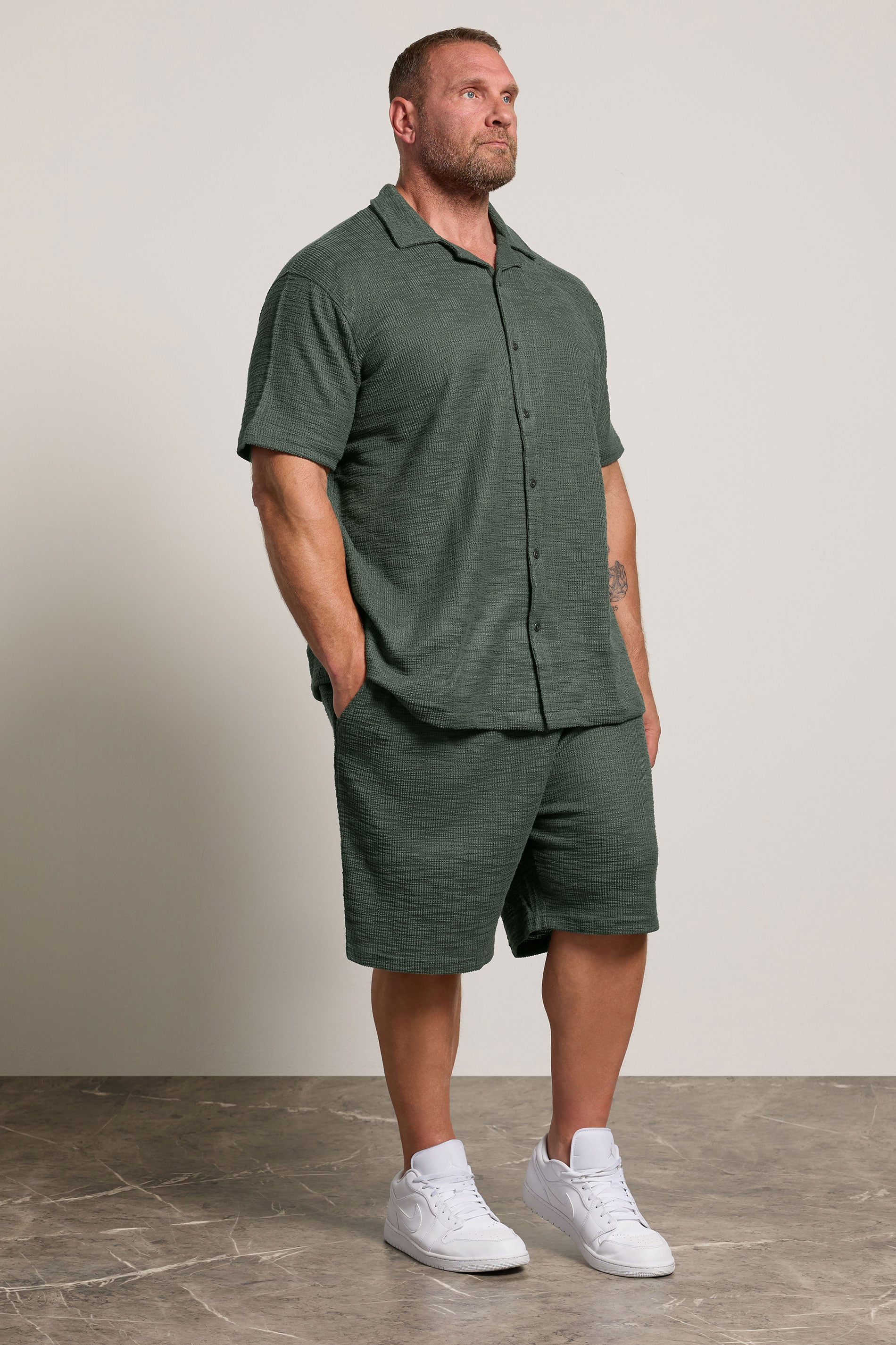 BadRhino Big & Tall Green Textured Revere Shirt & Short Co-ord Set | BadRhino 1