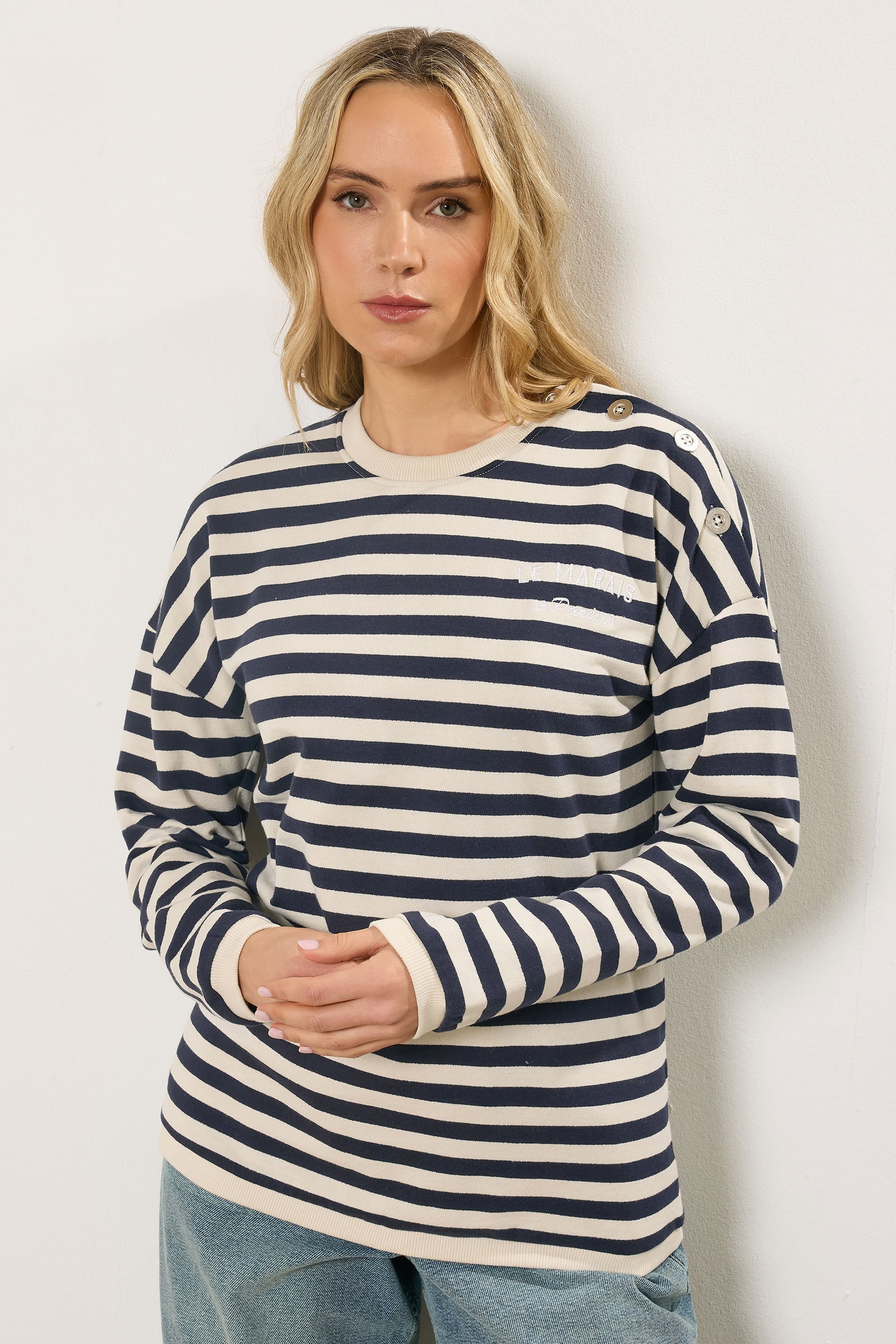 LTS Tall Navy Blue Stripe Embroidered 'Le Marais' Slogan Sweatshirt | Long Tall Sally  1