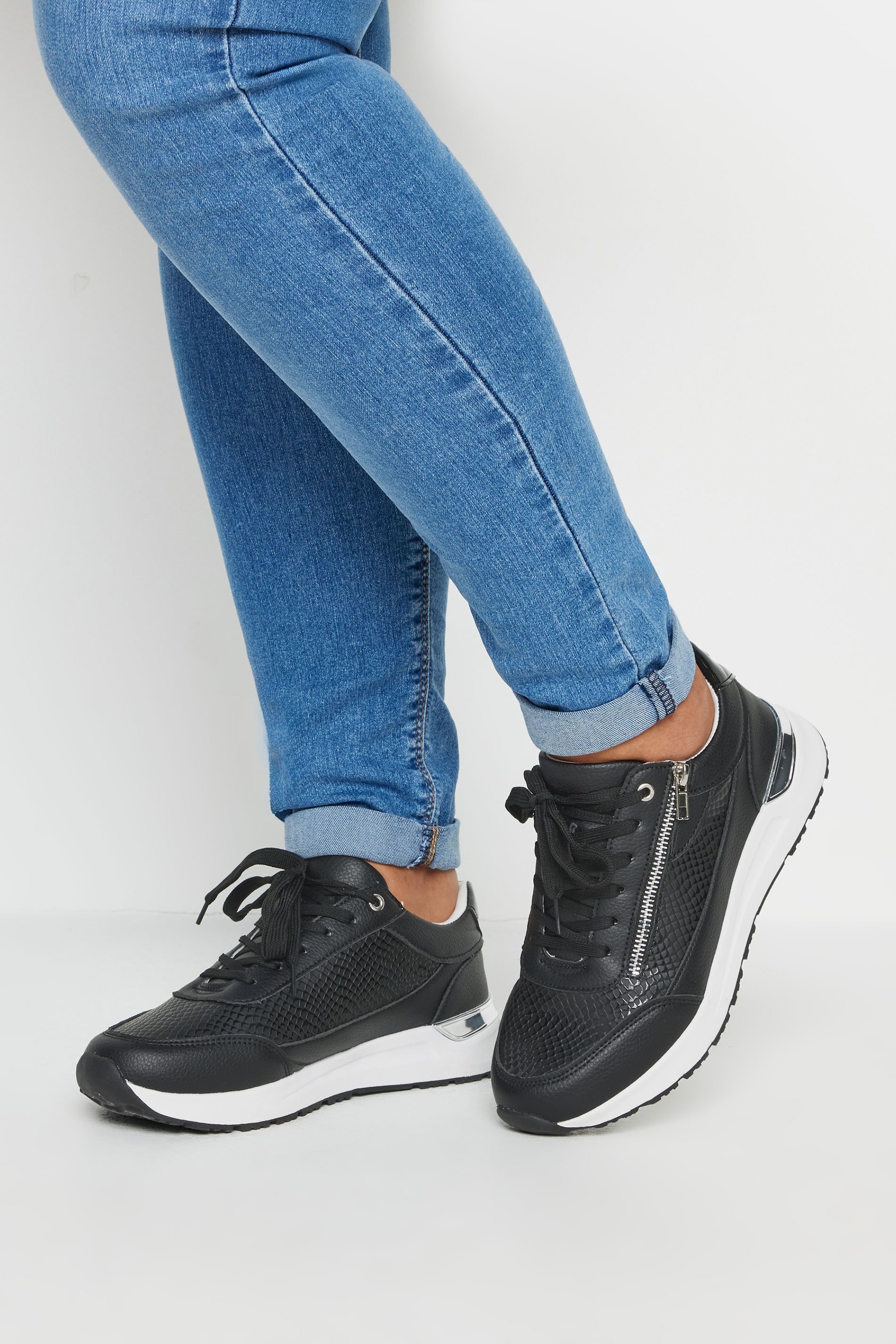 Black & Silver Zip Detail Trainers In Wide E Fit | Yours Clothing  1