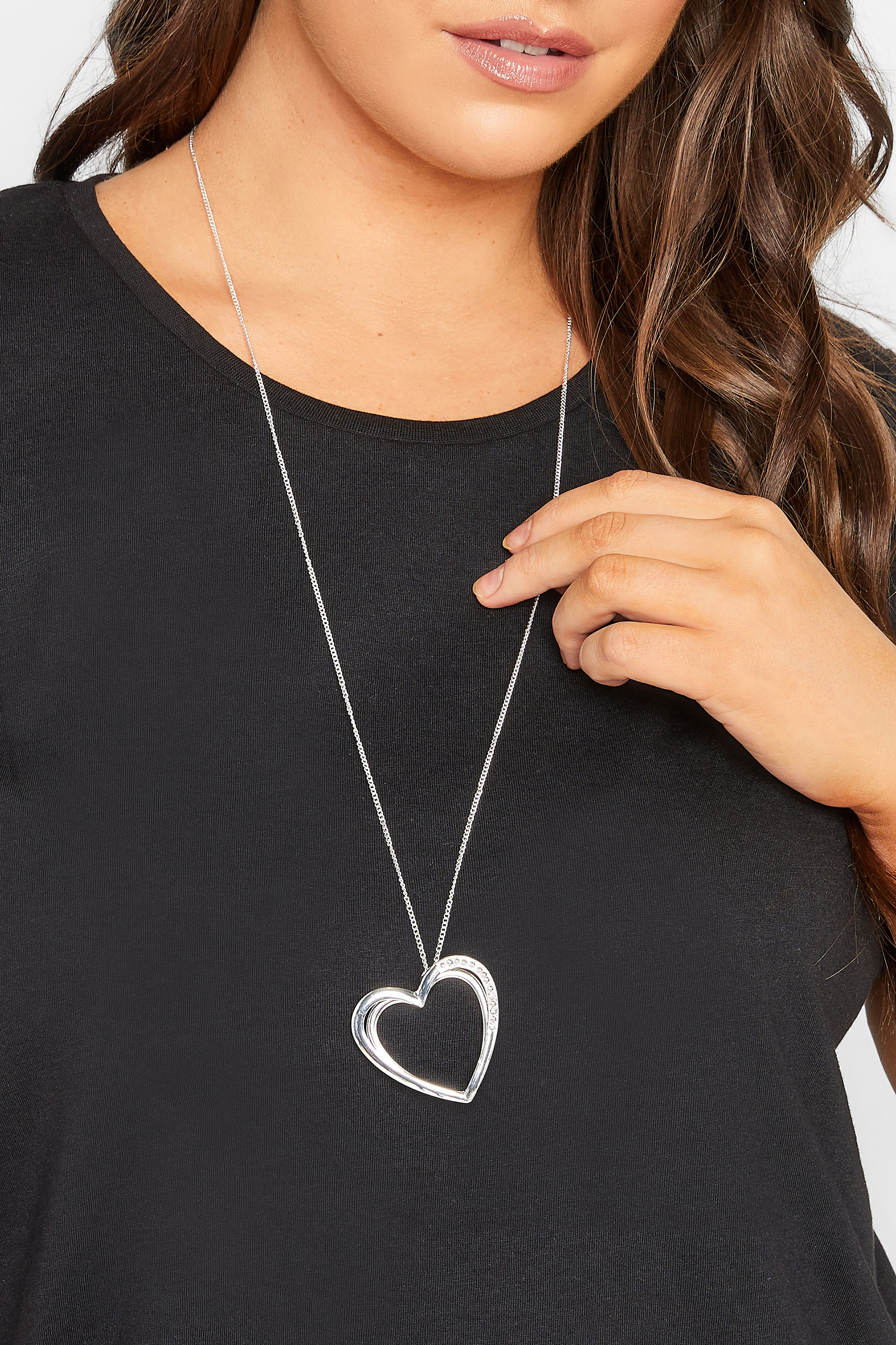 Silver Heart Diamante Pendant Necklace | Yours Clothing 1
