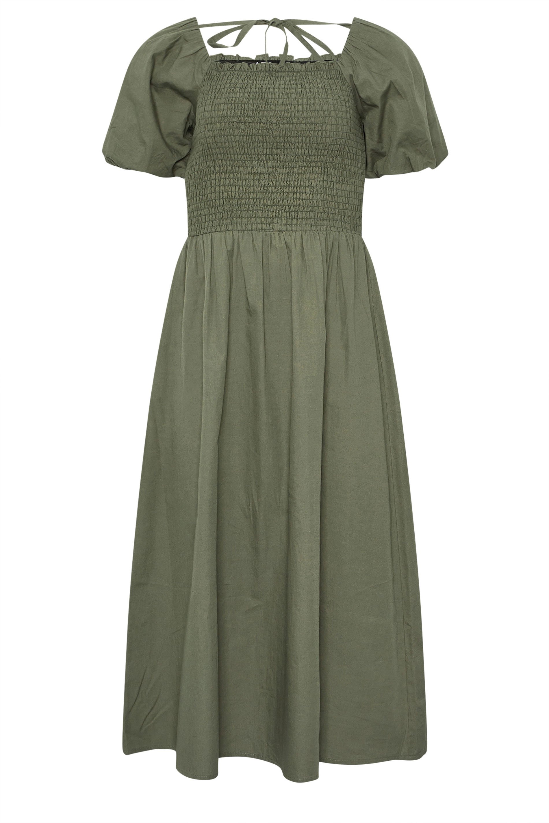 LTS Tall Khaki Green Shirred Puff Sleeve Midi Dress | Long Tall Sally 7
