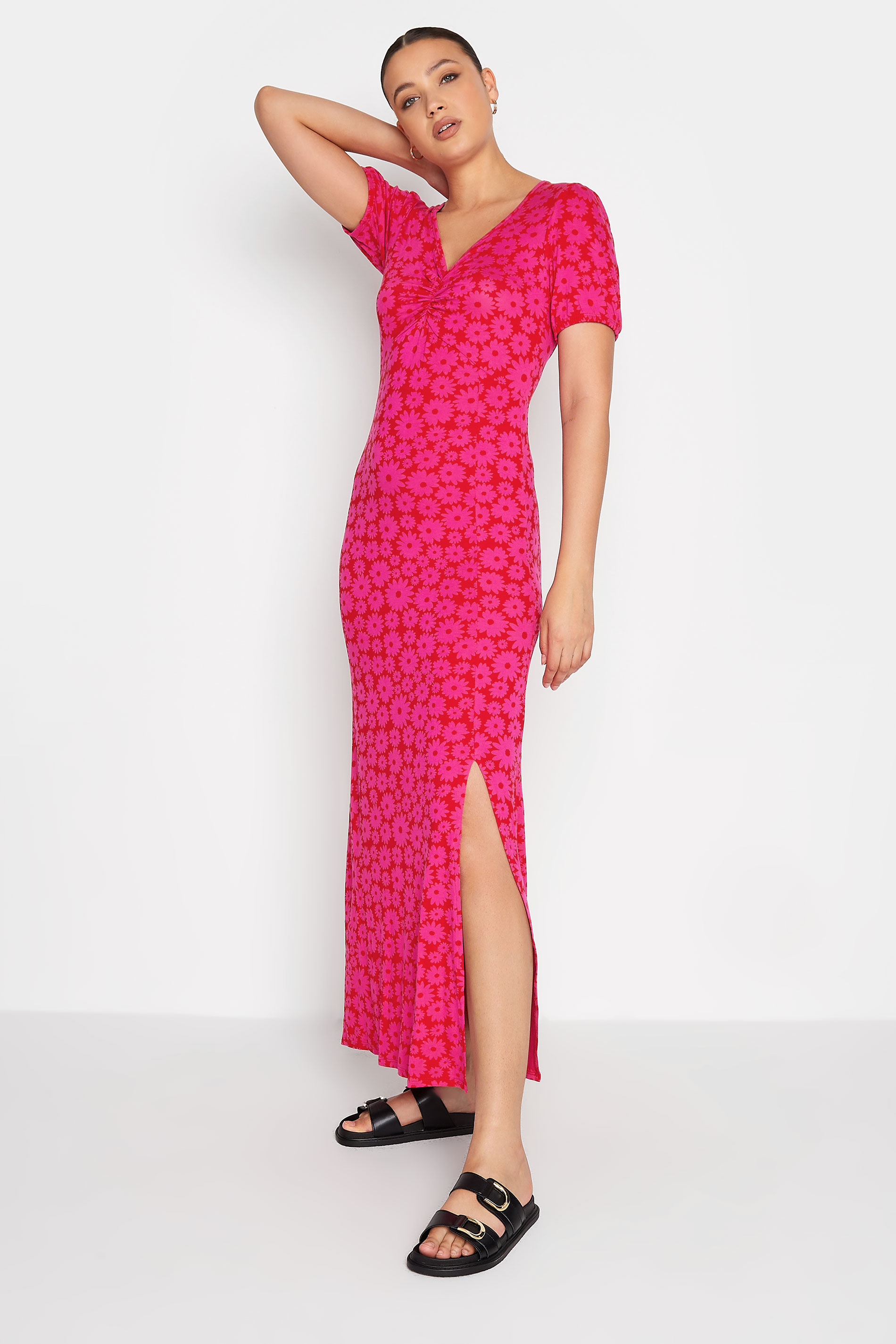 LTS Tall Women's Hot Pink Floral Print Ruched Maxi Dress | Long Tall Sally 1
