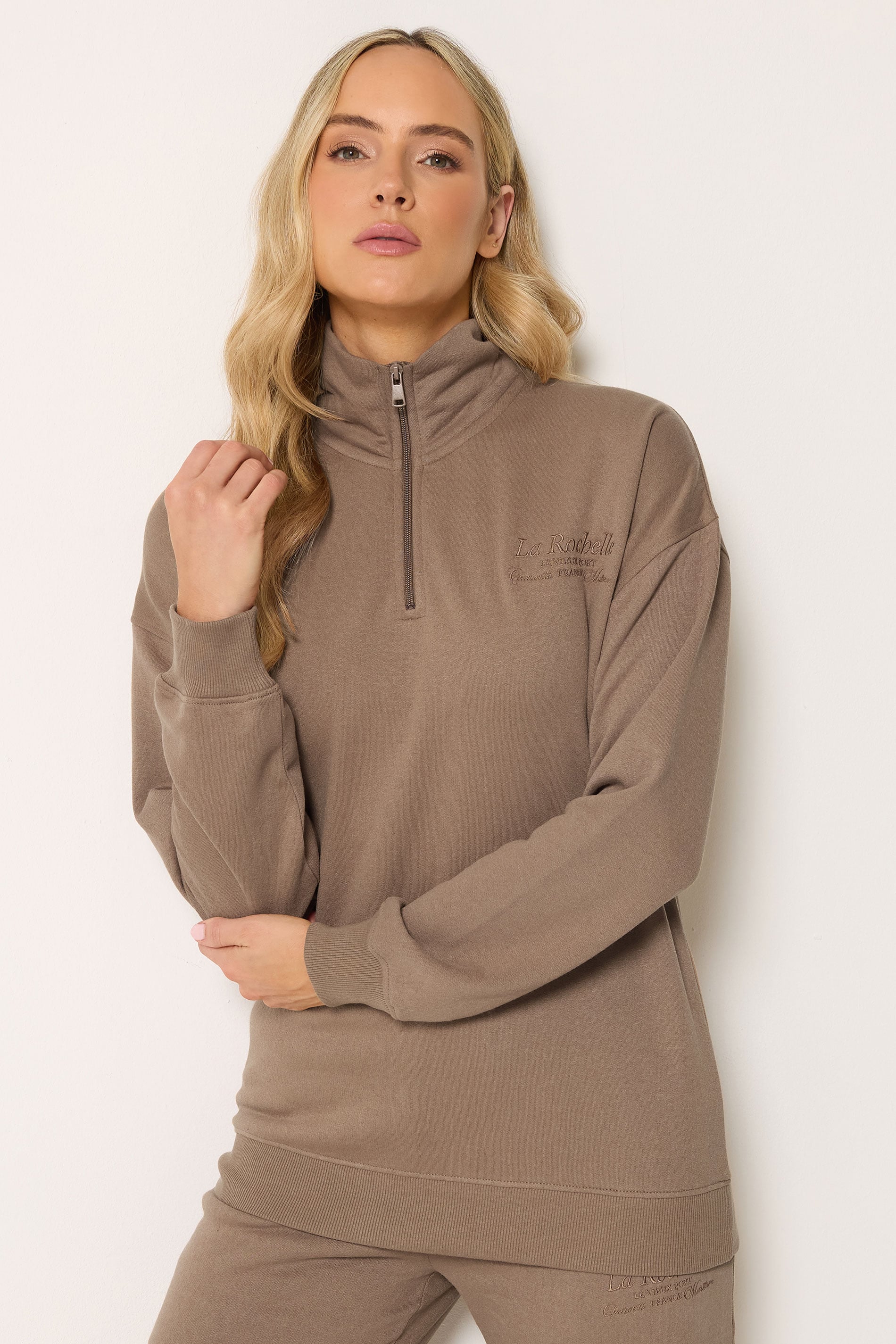 LTS Tall Women's Mocha Brown Embroidered Half Zip Sweatshirt | Long Tall Sally 3