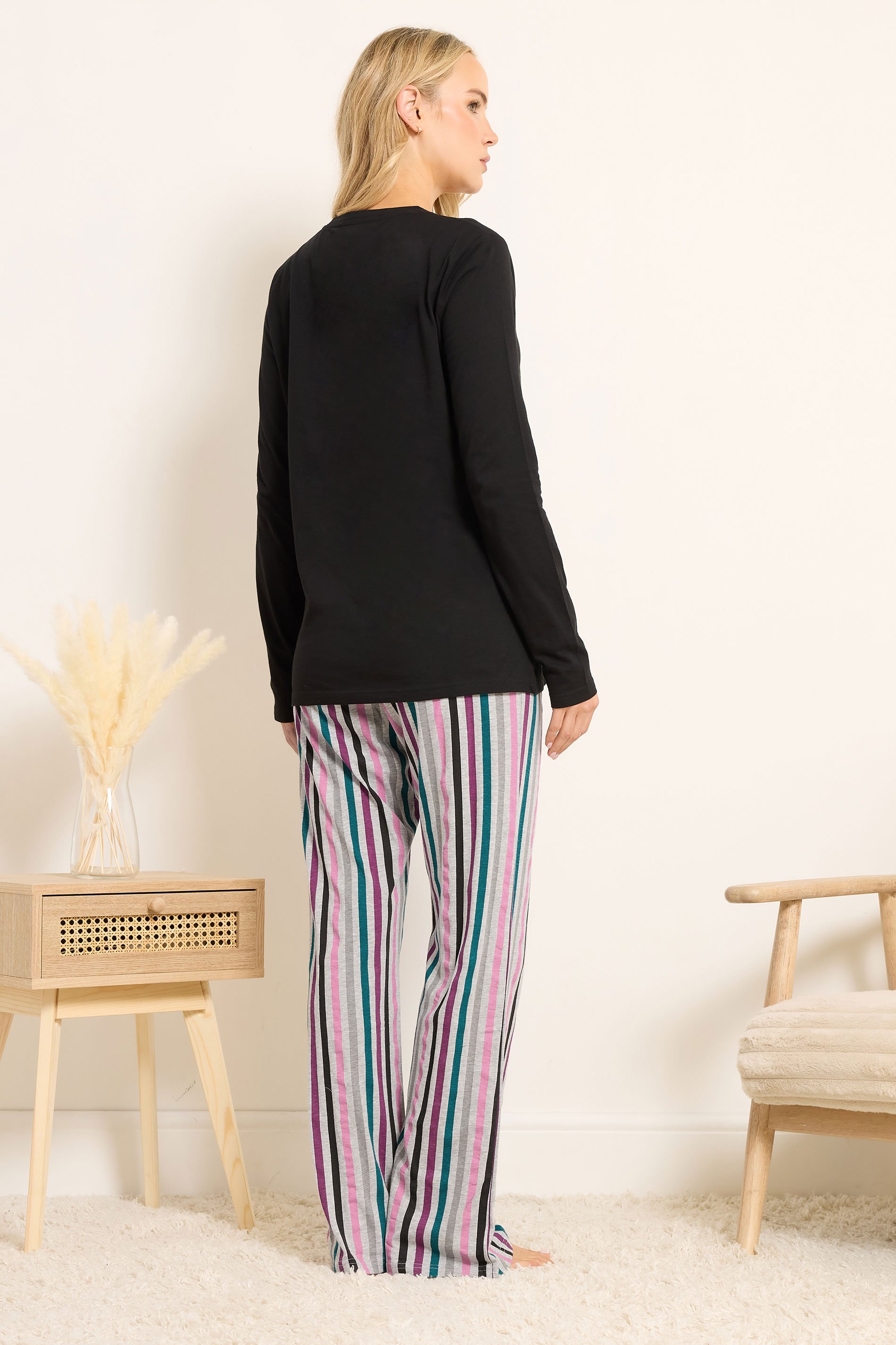 LTS Tall Black Striped 'Coffee Club' Slogan Pyjama Set | Long Tall Sally 4