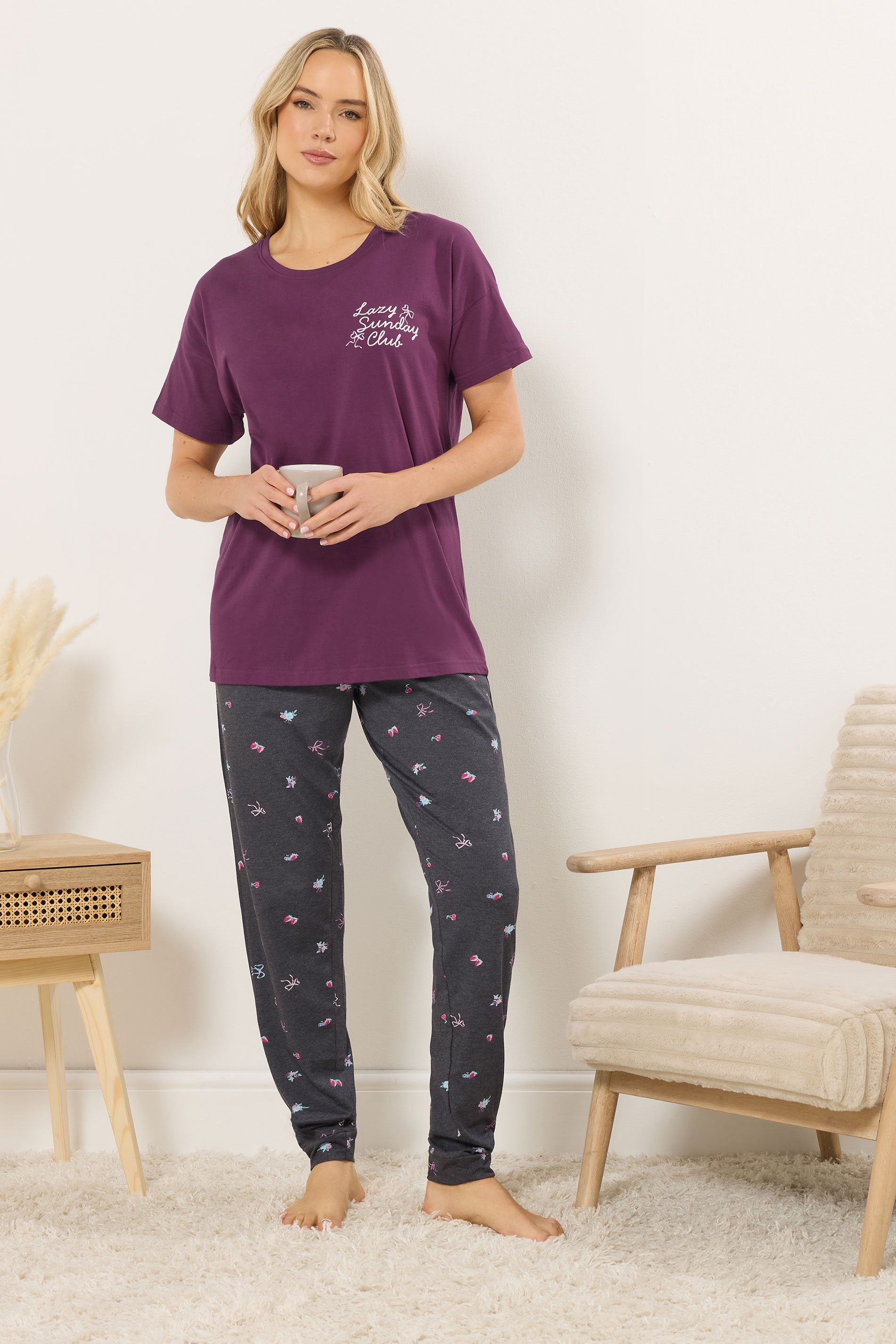 LTS Tall Woman's Burgundy Red 'Sunday Club' Slogan Pyjama Set | Long Tall Sally 1