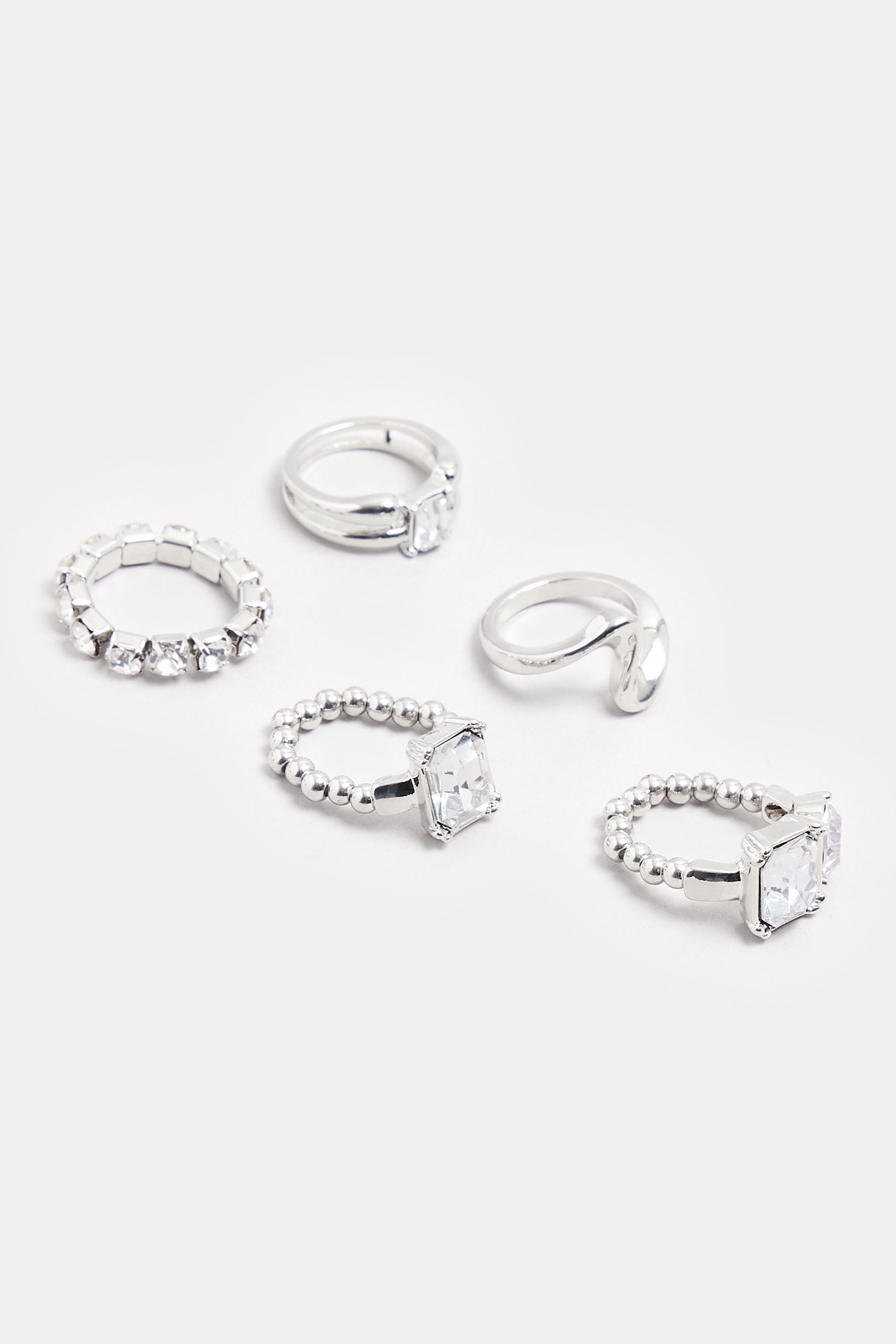 5 PACK Silver Tone Diamante Ring Set | Yours Clothing 2