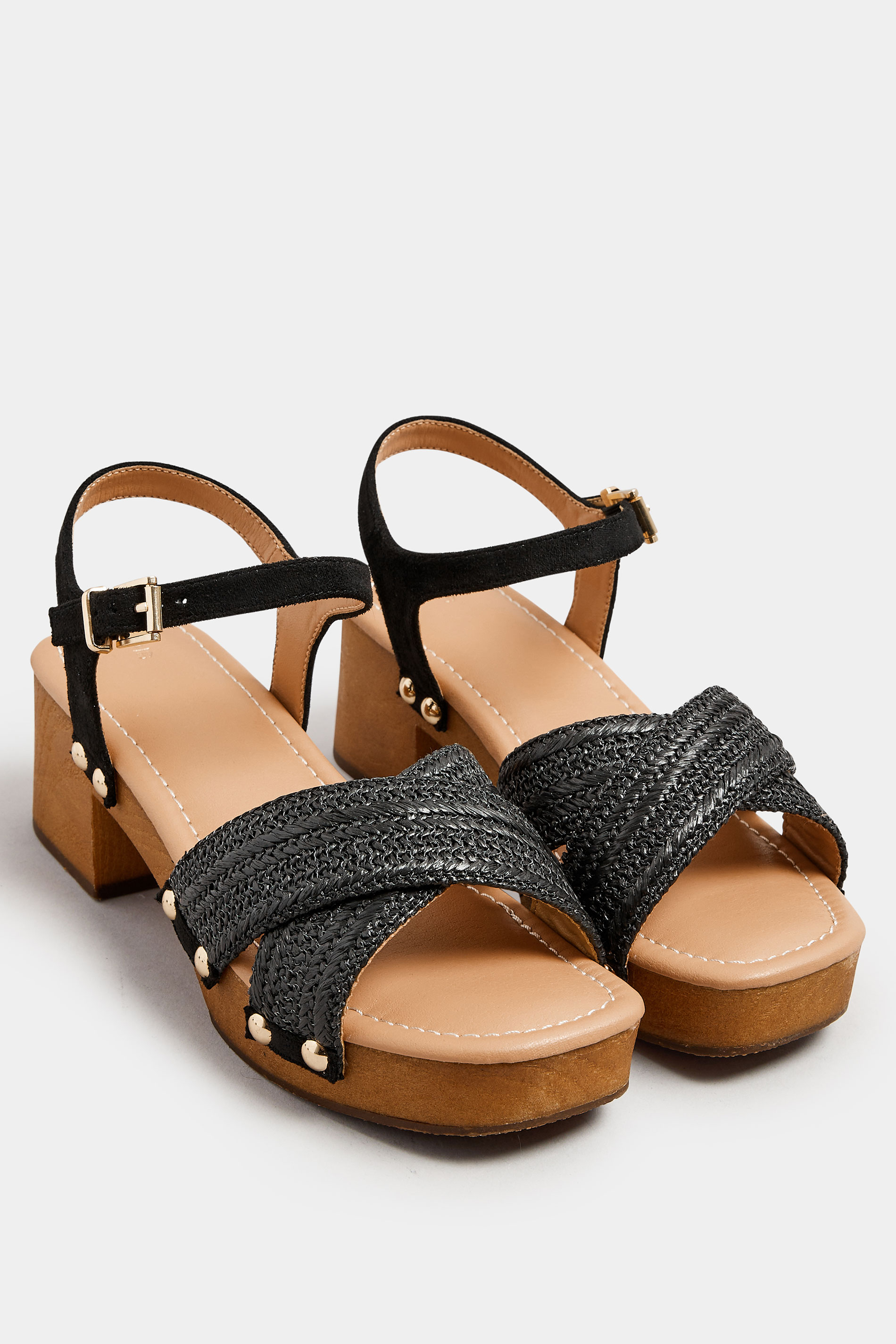 Black Cross Over Platform Wooden Clog Sandals In Wide E Fit | Yours Clothing 3