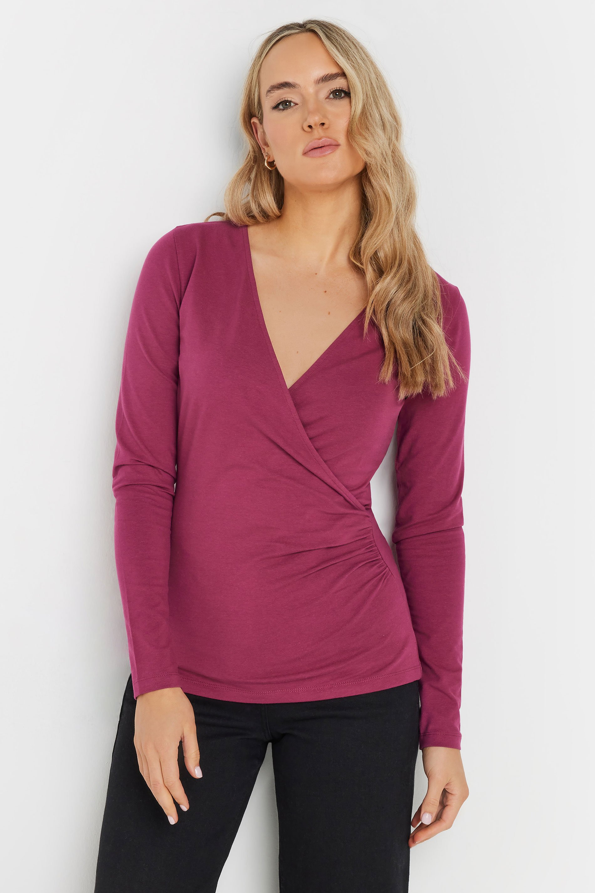 LTS Tall Berry Pink Long Sleeve Wrap Top | Long Tall Sally 1