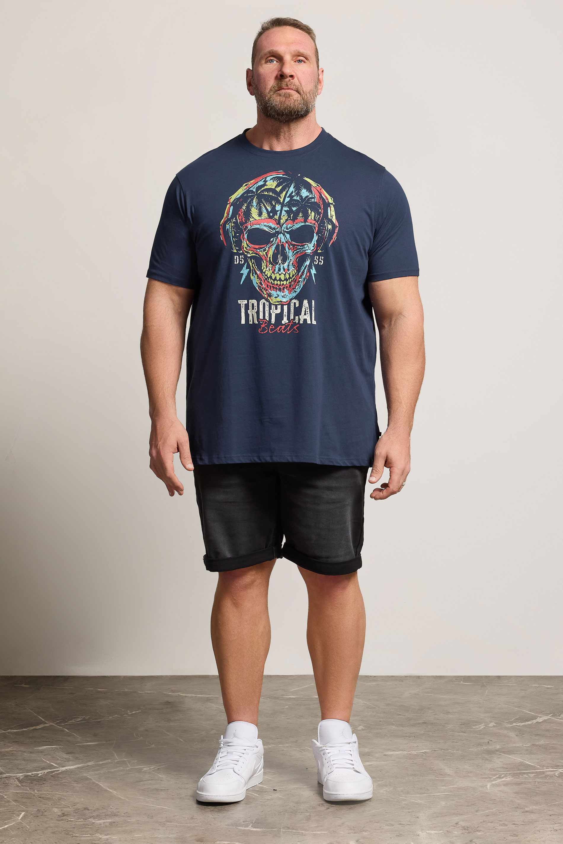 D555 Big & Tall Navy Blue Tropical Skull Print T-Shirt | BadRhino 1
