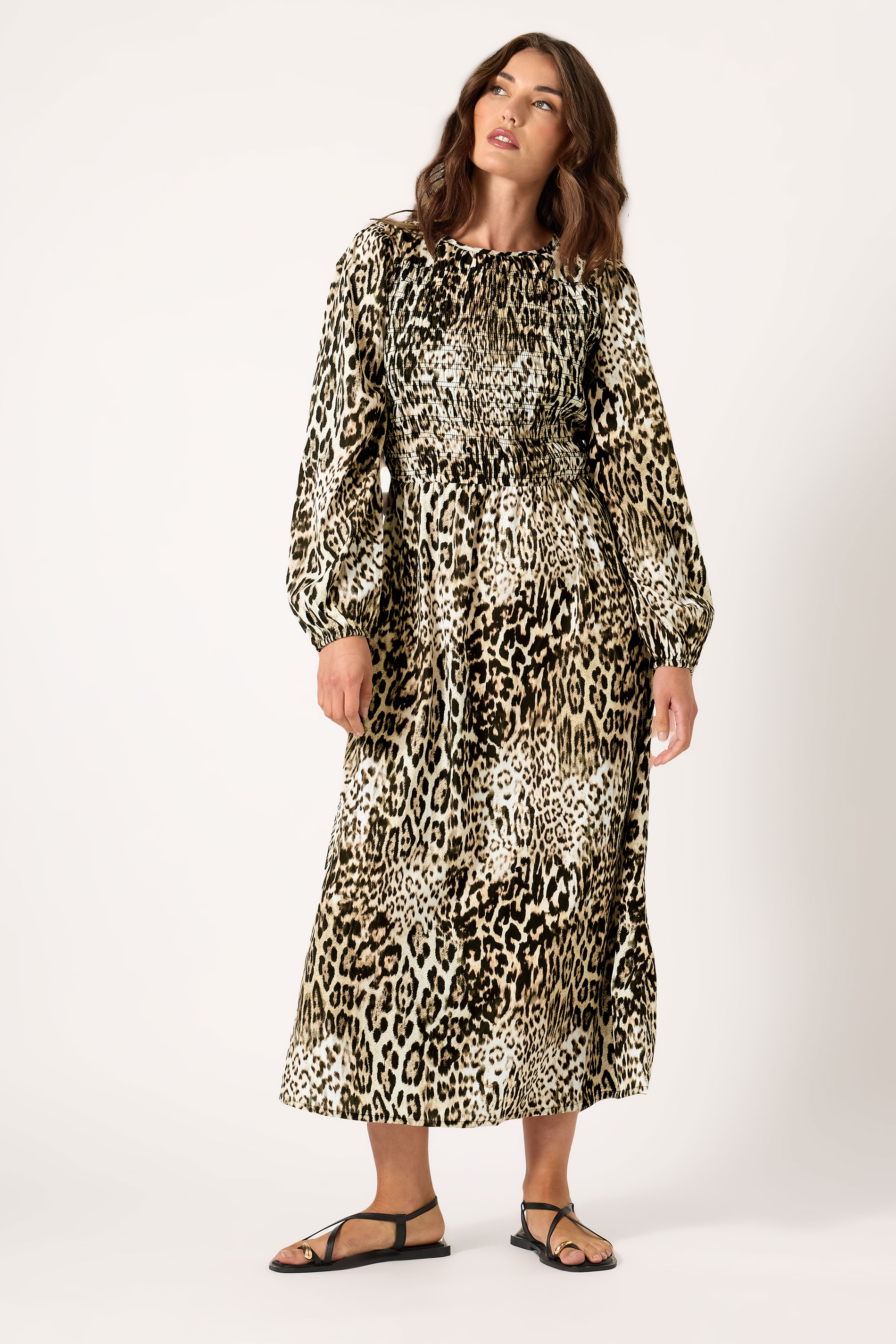 LTS Tall Natural Brown Animal Print Shirred Midaxi Dress | Long Tall Sally 2